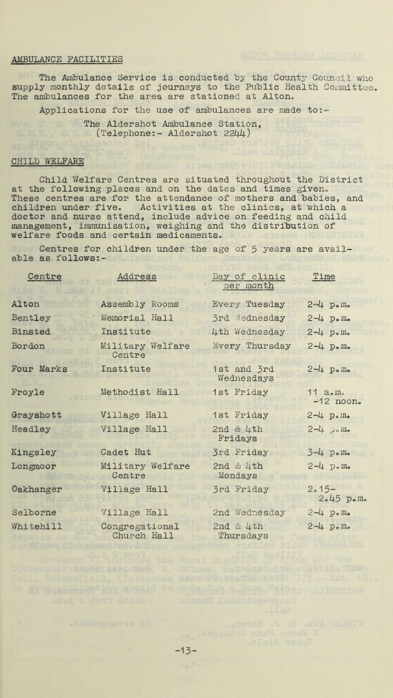 AMBULANCE FACILITIES The Ambulance Service is conducted by the County Council who supply monthly details of journeys to the Public Health Committee. The ambulances for the area are stationed at Alton. Applications for the use of ambulances are made to:- The Aldershot Ambulance Station, (Telephone:- Aldershot 2244) CHILD WELFARE Child Welfare Centres are situated throughout the District at the following places and on the dates and times given. These centres are for the attendance of mothers and babies, and children under five. Activities at the clinics, at which a doctor and nurse attend, include advice on feeding and child management, immunisation, weighing and the distribution of welfare foods and certain medicaments. Centres for children under the able as follows:- age of 5 years are avail- Centre Address Day of clinic Time per month Alton Assembly Rooms Every Tuesday 2=4 p-m. Bentley Memorial Hall 3rd Wednesday 2-4 p*m* Binsted Institute 4th Wednesday 2-4 p*m* Bordon Military Welfare Centre Every Thursday 2-4 p.m. Four Marks Institute 1st and 3rd Wednesdays 2-4 po m* Froyle Methodist Hall 1st Friday 11 a,m. -1 2 noo: Grayshott Village Hall 1st Friday 2-4 p<>m* Headley Village Hall 2nd & 4th Fridays 2 jj o nu Kingsley Cadet Hut 3rd Friday 3“4 p*m* Longmoor Military Welfare Centre 2nd & 4th Mondays 2-4 pom* Oakhanger Village Hall 3rd Friday 2*15- 2*45 P Selborne Village Hall 2nd Wednesday 2-4 p*m. Whitehill Congregational 2nd & 4th 2-4 P»m. Church Hall Thursdays -13