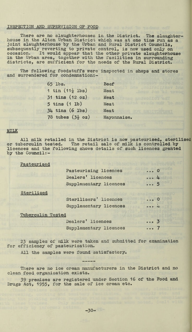 INSPECTION AND SUPERVISION OF POOD There are no slaughterhouses in the District. The slaughter- house in the Alton Urban District which was at one time run as a joint slaughterhouse by the Urban and Rural District Councils, subsequently reverting to private control, is now used only on occasion. It would appear that the other private slaughterhouse in the Urban area, together with the facilities in surrounding districts, are sufficient for the needs of the Rural District. The following foodstuffs were inspected in shops and stores and surrendered for condemnation:- 65 lbs. 1 tin (11-g- lbs) 31 tins (12 02) 5 tins (1 lb) 34 tins (6 lbs) 78 tubes (3^ oz) Beef Meat Meat Meat Meat Mayonnaise. MILK All milk retailed in the District is now pasteurised, sterilised or tuberculin tested. The retail sale of milk is controlled by licences and the following shows details of such licences granted by the Council:- Pasteurised Pasteurising licences ... 0 Dealers’ licences „. „ 4 Supplementary licences ... 5 Sterilised Sterilisers’ licences ... 0 Supplementary licences ... 4 Tuberculin Tested Dealers’ licences ... 3 Supplementary licences ... 7 23 samples of milk were taken and submitted for examination for efficiency of pasteurisation. All the samples were found satisfactory. There are no ice cream manufacturers in the District and no clean food organisation exists. 39 premises are registered under Section 16 of the Pood and Drugs Act, 1955, for the sale of ice cream etc. -30-