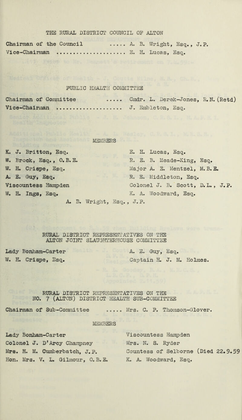 Chairman of the Council ..... A. B. Wright, Esq., J.P. Vice-Chairman E. H. Lucas, Esq. PUBLIC HEALTH COMMITTEE Chairman of Committee ..... Cmdr. L. Derek-Jones, R.N. (Retd) Vice-Chairman J. Embleton, Esq. MEMBERS K. J. Britton, Esq. E. H. Lucas, Esq. W. Brock, Esq., 0. B. E. R. E. B. Meade-King, Esq. W. H. Crispe, Esq. Major A. E. Mentzel, M. B. E. A. E. Guy, Esq. R. E. Middleton, Esq. Viscountess Hampden Colonel J. B. Scott, D. L. , W. H. Ings, Esq. K. A. Woodward, Esq. A. B. Wright, Esq., J. P. RURAL DISTRICT REPRESENTATIVES ON THE ALTON JOINT SLAUGHTERHOUSE COMMITTEE Lady Bonhara-Carter W. H. Crispe, Esq. A. E. Guy, Esq. Captain H. J. M. Holmes. RURAL DISTRICT REPRESENTATIVES ON THE NO. 7 (ALTON) DISTRICT HEALTH SUB-COMMITTEE Chairman of Sub-Committee ..... Mrs. C. P. Thomson-Glover. MEMBERS Lady Bonham-Carter Colonel J. D'Arcy Chanrpney Mrs. H. M. Cumberbatch, J. p. Hon. Mrs. V. L. Gilrnour, 0. B. E. Viscountess Hampden Mrs. N. S. Ryder Countess of Selborne (Died 22.9*59 K. A. 'Woodward, Esq.