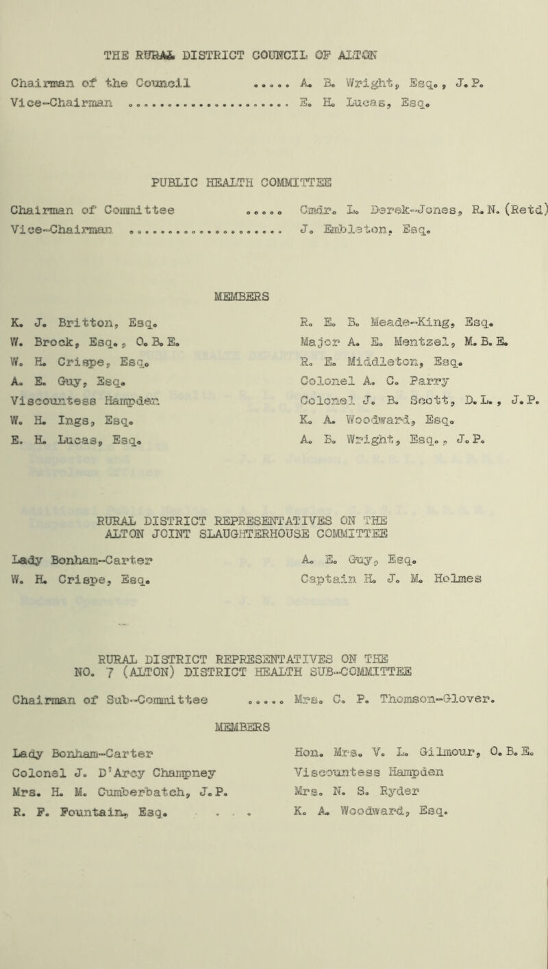 THE RURAL DISTRICT COUNCIL OF ALTON Chairman of the Council «.... A. 3. Wright j) ESQ_oy J.Po Vice-Chairman 00.... E. Ho Lucas, Esq* PUBLIC HEALTH COMMITTEE Chairman of Committee Vice-Chairman „ 0.... MEMBERS K, J. Britton, Esq. W. Brock, Esq*, 0. B. E. Wo Ho Crispe, Esq0 Ao E. Guy, Esq. Viscountess Hampden Wo H. Ings, Esq. E. Ho Lucas, Esq. CmdTo Lo Derek-Jones, R. N. (Retd.) Jo Emblaton, Esq. R« Eo Bo Meade-King, Esq* Major A. Eo Mentzel, M. B. E. Ro Eo Middleton, Esq* Colonel A. Co Parry Colonel J. B. Scott, D. L., J.P. K. A. Woodward, Esq® Ao Bo Wright,, Esq., J.P. RURAL DISTRICT REPRESENTATIVES ON THE ALTON JOINT SLAUGHTERHOUSE COMMITTEE Lady Bonham-Carter W« Ho Crispe, Esq. A. Eo Guy, Esq* Captain H. Jo IvL Holmes RURAL DISTRICT REPRESENTATIVES ON THE NO. 7 (ALTON) DISTRICT HEALTH SUB-COMMITTEE Chairman of Sub-Committee ... MEMBERS Lady Bonham-Carter Colonel J. D’Arey Champney Mrs, H. M. Cumberbatch, J„P. R. F. Fountain-, E3q. . , « MrSo Co Po Thomson-Glover. Hon. Mrs. V. L« Gilmour, 0, B, Eo Vi scountess Hampden MrSo N. So Ryder Ko A. Woodward, Esq.