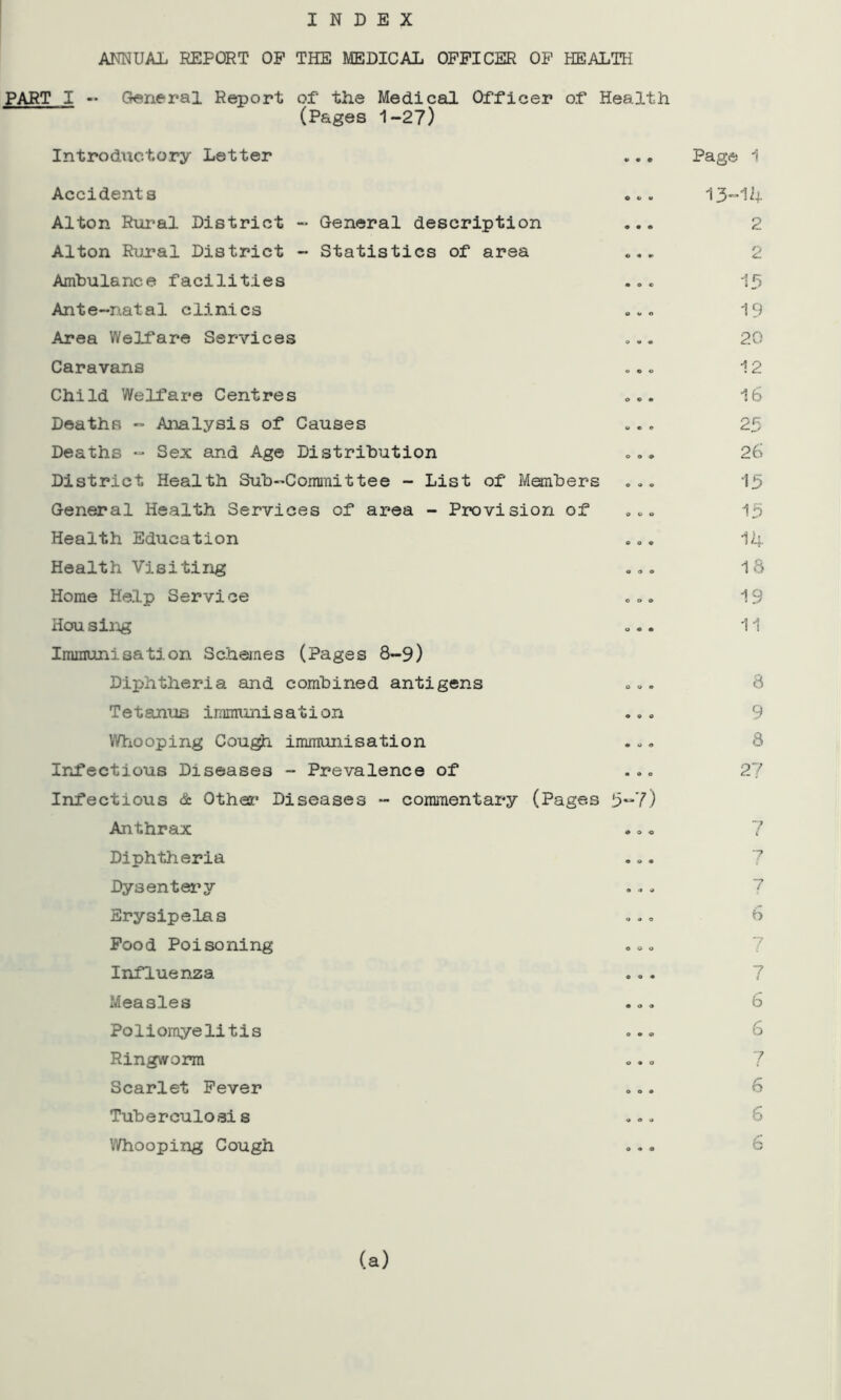 INDEX ANNUAL REPORT OP THE MEDICAL OFFICER OF HEALTH PART I - General Report of the Medical Officer of Health (Pages 1-27) Introductory Letter ... Page Accidents ... 13— Alton Rural District - General description ... Alton Rural District - Statistics of area ... Ambulance facilities ... Ante-natal clinics ... Area Welfare Services Caravans Child Welfare Centres ... Deaths - Analysis of Causes ... Deaths - Sex and Age Distribution ... District Health Sub-Committee - List of Members ... General Health Services of area - Provision of ... Health Education Health Visiting ... Horae Help Service ... Hou sing Immunisation Schemes (Pages 8-9) Diphtheria and combined antigens ... Tetanus immunisation ... Whooping Cough immunisation Infectious Diseases - Prevalence of ... Infectious & Other Diseases - commentary (Pages 5-7) Anthrax Diphtheria Dysentery Erysipelas Food Poisoning ... Influenza Measles Poliomyelitis ... Ringworm Scarlet Fever Tuberculosis ... Whooping Cough 1 •14 2 2 15 19 20 12 16 25 26 15 13 14 18 19 11 8 9 8 2? 7 7 7 6 7 7 6 6 7 6 6 6 (a)