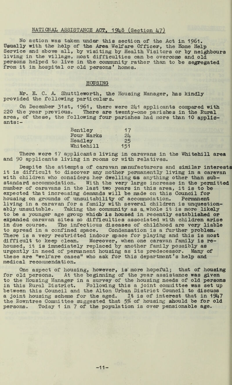NATIONAL ASSISTANCE ACT, 1948 (Section 47) No action was taken under this section of the Act in 1961. Usually with the help of the Area Welfare Officer, the Horae Help Service and above all, by visiting by Health Visitors or by neighbours living in the village, most difficulties can be overcome and old persons helped to live in the community rather than to be segregated from it in hospital or old persons’ homes. HOUSING Mr. E. Co A. Shuttleworth, the Housing Manager, has kindly provided the following particulars. On December 31st, 1961, there were 22+1 applicants compared with 220 the year previous. There are twenty-one parishes in the Rural area, of these, the following four parishes had more than 10 applic- ants Bentley 17 Four Marks 24 Headley 23 Whitehill 151 There were 17 applicants living in caravans in the Whitehill area and 90 applicants living in rooms or with relatives. Despite the attempts of caravan manufacturers and similar interests it is difficult to discover any mother permanently living in a caravan with children who considers her dwelling as anything other than sub- standard accommodation. With the very large increase in the permitted number of caravans in the last two years in this area, it is to be expected that increasing demands will be made on this Council for housing on grounds of unsuitability of accommodation. Permanent living in a caravan for a family with several children is unquestion- ably unsuitable. Taking the community as a, whole it is more likely to be a younger age group which’is housed in recently established or expanded caravan sites so difficulties associated with children arise in due course. The infectious diseases of childhood are very liable to spread in a confined space. Condensation is a further problem. There is a very restricted indoor space for playing and this is most difficult to keep clean. Moreover, when one caravan family is re- housed, it is immediately replaced by another family possibly as urgently in need of permanent housing as its predecessor. Many of these are welfare cases who ask for this department’s help and medical recommendation. One aspect of housing, however, is' more hopeful; that of housing for old persons. At the beginning of the year assistance was given to the Housing Manager in a survey of the housing needs of old persons in this Rural District. Following this a joint committee was set up between this Council and the Alton Urban District Council to discuss a joint housing scheme for the aged. It is of interest that in 1947 the Rowntree Committee suggested that 5% of housing should be for old persons. Today 1 in 7 of the population is over pensionable age. -11-