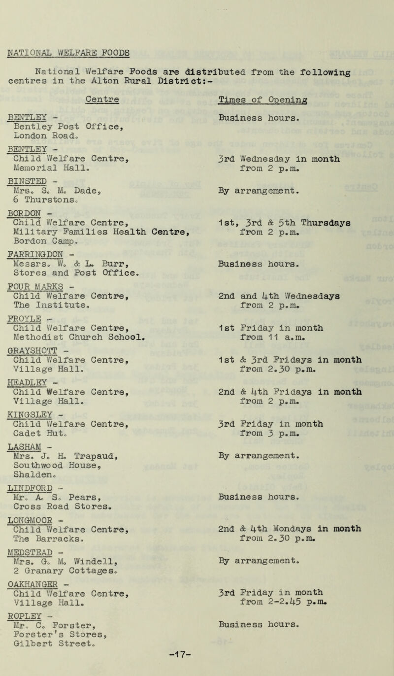NATIONAL WELFARE FOODS National Welfare Foods are distributed from the following centres in the Alton Rural District Centre Times of Opening BENTLEY - Bentley Post Office, London Roado BENTLEY - Child Welfare Centre, Memorial Hallo BINSTED - MrSo So Mo Dade, 6 Thurstons. Business hours. 3rd Wednesday in month from 2 p.m. By arrangement. BORDON - Child Welfare Centre, 1st, 3rd & 5th Thursdays Military Families Health Centre, Bordon Campo from 2 p.m. FARRINGDON - Messrs. W, & L. Burr, Stores and Post Office. Business hours. FOUR MARKS - Child Welfare Centre, The Institute, 2nd and 4th Wednesdays from 2 p.m. FROYLE - Child Welfare Centre, Methodist Church School, 1st Friday in month from 11 a.m. GRAYSHOTT - Child Welfare Centre, Village Hall. 1 st & 3rd Fridays in from 2.30 p.m. month HEADLEY - Child Welfare Centre, Village Hall. 2nd & 4th Fridays in from 2 p.m. month KINGSLEY - Child Welfare Centre, Cadet Hut. 3rd Friday in month from 3 p.m. LASHAM - Mrs. Jo Ho Trapaud, Southwood House, Shalden. By arrangement. LINDFORD - Mr. A, So Pears, Cross Road Stores. Business hours. LONGMOOR - Child Welfare Centre, The Barracks. 2nd & 4th Mondays in from 2.30 p.m. month MEDSTEAD - Mrs, Go Mo Windell, 2 Granary Cottages. By arrangement. OAKHANGER - Child Welfare Centre, Village Hall. 3rd Friday in month from 2-2.45 p.m. ROPLEY - Mr. C, Forster, Business hours. Forster’s Stores, Gilbert Street. -17-