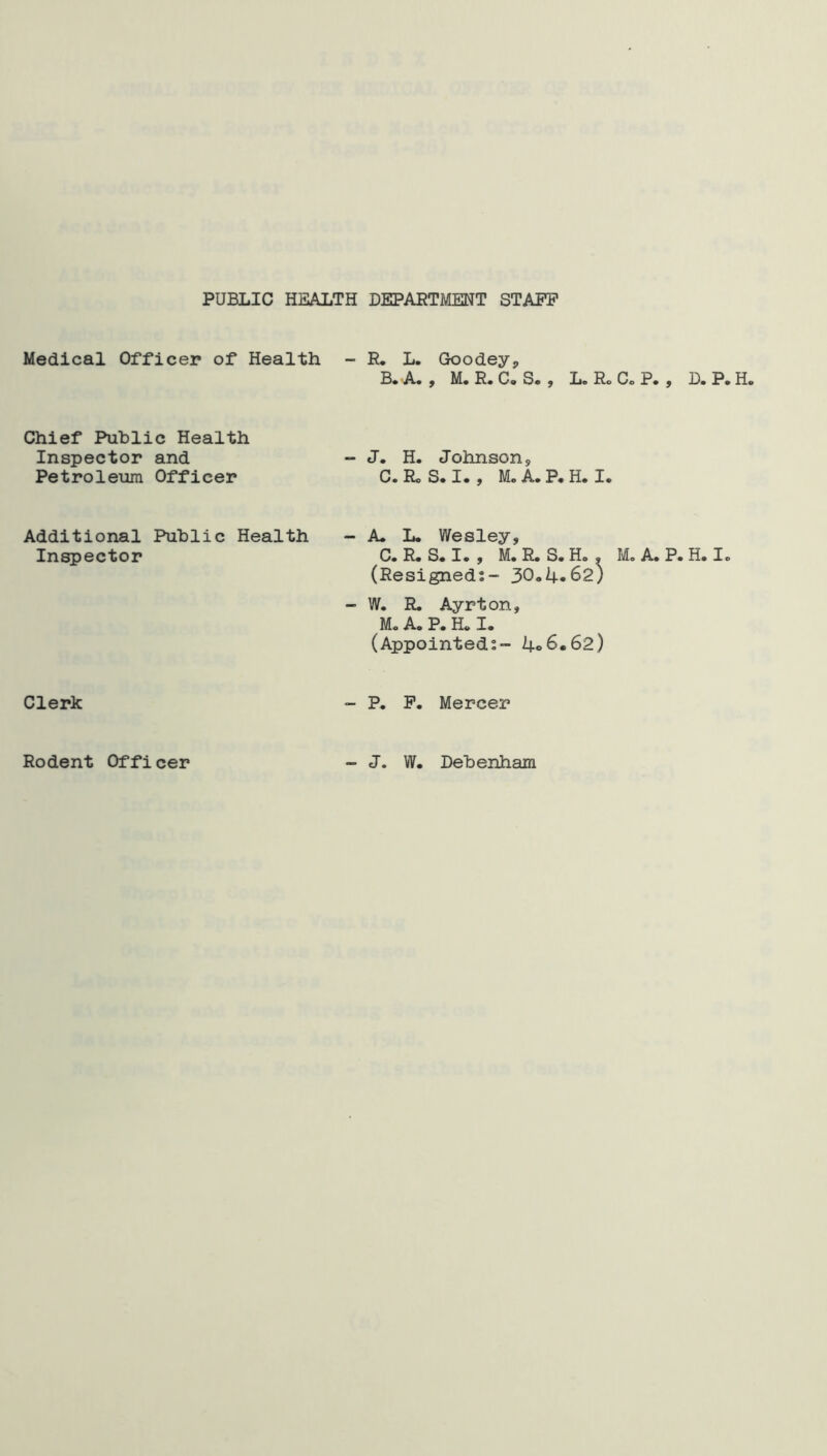 PUBLIC HEALTH DEPARTMENT STAFF Medical Officer of Health - R. L. Goodey, Be A* , M. R# Co Sc , lie Ro Co Pc , Dc Pc He Chief Public Health Inspector and Petroleum Officer - J. H. Johnson, Co Ro Sc I. , Mo Ac Pc He Ic Additional Public Health Inspector - A. L. Wesley, C. R. S. I. , M. R. S. Ho, MoA. P. H. Ic (Resigned;- 30»4.62) - W. R, Ayrton, Mo A. P. Ha I. (Appointed;- 4°6,62) Clerk - P. F. Mercer Rodent Officer - J. W. Debenham
