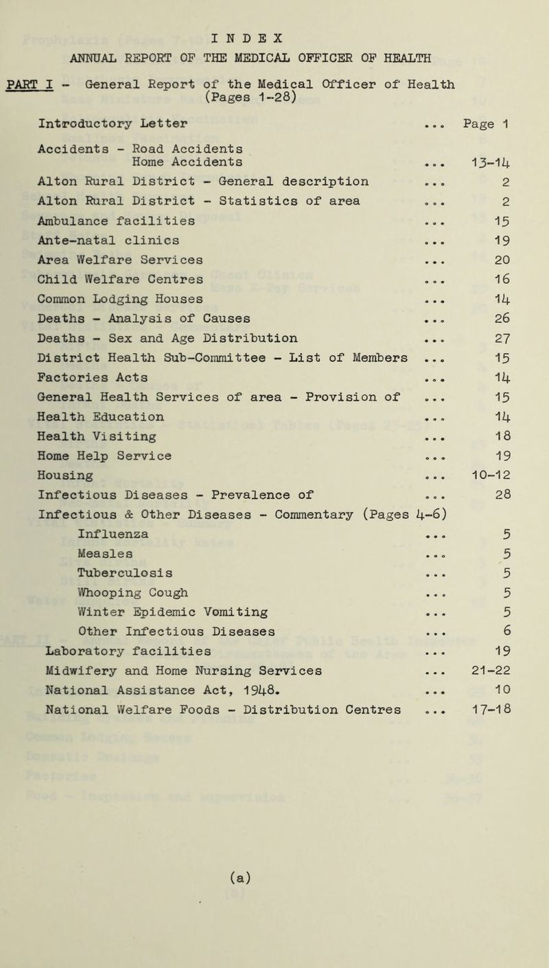 INDEX ANNUAL REPORT OF THE MEDICAL OFFICER OF HEALTH PART I - General Report of the Medical Officer of Health (Pages 1-28) Introductory Letter ... Page 1 Accidents - Road Accidents Home Accidents ... 13-14 Alton Rural District - General description ... 2 Alton Rural District - Statistics of area ... 2 Ambulance facilities ... 15 Ante-natal clinics ... 19 Area Welfare Services ... 20 Child Welfare Centres ... 16 Common Lodging Houses ... 14 Deaths - Analysis of Causes ... 26 Deaths - Sex and Age Distribution ... 27 District Health Sub-Committee - List of Members ... 15 Factories Acts ... 14 General Health Services of area - Provision of ... 15 Health Education ... 14 Health Visiting ... 18 Home Help Service ... 19 Housing ... 10-12 Infectious Diseases - Prevalence of ... 28 Infectious & Other Diseases - Commentary (Pages 4-8) Influenza ... 5 Measles ... 5 Tuberculosis ... 5 Whooping Cough ... 5 Winter Epidemic Vomiting ... 5 Other Infectious Diseases ... 6 Laboratory facilities ... 19 Midwifery and Home Nursing Services ... 21-22 National Assistance Act, 1948- ... 10 National Welfare Foods - Distribution Centres ... 17-18 (a)