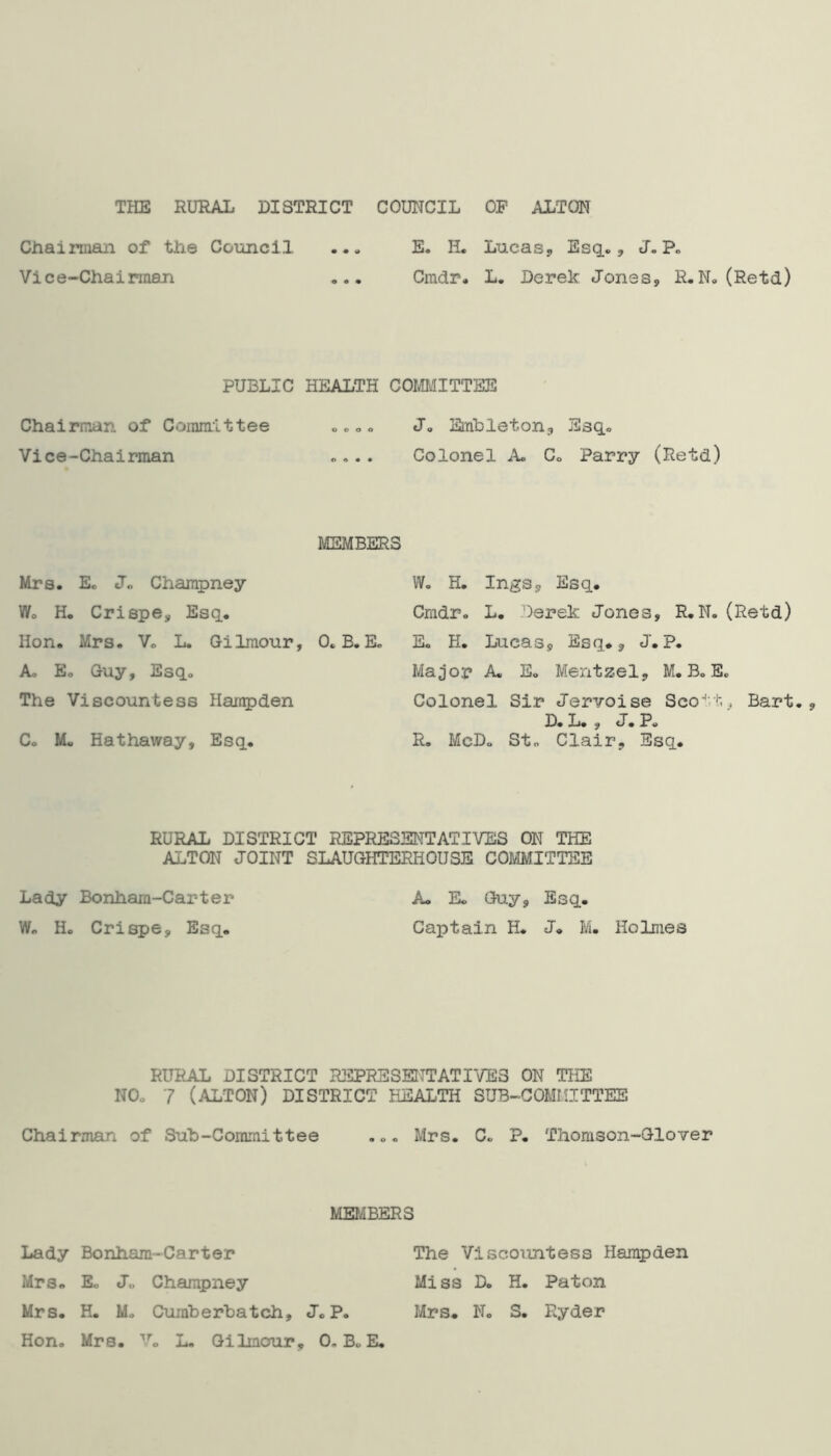 Chairman of the Council ... E. H. Lucasj, Esq.., J.P. Vice-Chairman Cmdr. L. Derek Jones, R.N. (Retd) PUBLIC HEALTH COMMITTEE Chairman of Committee .... J. Einbleton, Esq.. Vice-Chairman «... Colonel Ao C. Parry (Retd) MEMBERS Mrs. Ee J„ Champney Wo H. Crispe, Esq. Hon. Mrs. V. L. Gilmour, 0. B. E. Ao Eo Guy, Esq. The Viscountess Han^den Co Mo Hathaway, Esq. W. H. Ings, Esq. Cmdr. L. Oerek Jones, R.N. (Retd) Eo H. Lucas, Ssq., J. P. Major A. Eo Mentzel, M. B. E. Colonel Sir Jervoise Sco';t, ^ Bart. D. L. , J. Po R. McDo Stn Clair, Esq. RURAL DISTRICT REPRESENTATIVES ON THE ALTON JOINT SLAUGHTERHOUSE COMMITTEE Lady Bonhara-Carter Wo Ho Crispe, Esq, A. Eo Guy, Esq. Captain H« J. M. Holmes RURAL DISTRICT REPRESENTATIVES ON THE NOo 7 (ALTON) DISTRICT HEALTH SUB-COMIIITTEE Chairman of Sub-Committee ... Mrs. C« P. Thomson-Glover MEI^BERS Lady Bonham-Carter Mrs. Eo J„ Champney Mrs. H. Mo Cuiaberbatch, J.P. HoHo Mrs. L, Gilmour, OoB.E. The Viscountess Hampden Miss Do H. Paton Mrs. No S. Ryder