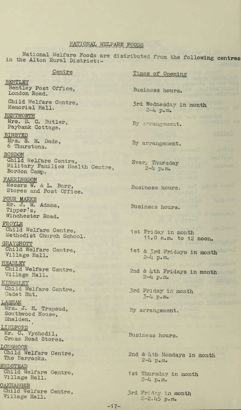 NATIONAL WELFARE FOODS in aistrituted from the following Centre BENTLEY Bentley Post OfYicep London Road. Child Welfare Centre, Memorial Hall. BENTWORTH Mrs. D. C. Butler, Paybank Cottage^ BINSTED Mrs. So M. Dade, 6 Thurstons. BORDON Child Welfare Centre, Military Families Health Centre, Bordon Carr^), FARRINGDON Messrs V/. & L. Burr, Stores and Post Office. FOUR MARKS Mr. J, W. Adams, Tipper’s, Winchester Road. FROYLE Cliild Welfare Centre, Methodist Church School. GRAY3H0TT Child Welfare Centre, Village Hall. HEADLEY Child Welfare Centre, Village Hall. KINGSLEY Child Welfare Centre, Cadet Hut, LASHAM Mrs, J. H« Trapaud, Southwood House, Shalden. LINDFORD Mr. 0. Vychodil, Cross Road Stores. LONGMOOR Child Welfare Centre, The Barracks. ' MEDSTEAD Child Welfare Centre, Village Hall. OAKHANGER Child Welfare Centre, Village Hall. -17- centres 3rd Wednesday in month 2-k p.m. B3^ arrangement. By arrangement. Ever^ Thursday 2-4 p.m. Business hours. Business hours. 1st Friday in month 11.0 a.m. to 12 noon. 1st & 3rd Fridays in month 2“4 p.m. 2nd cS: 4th Fridays in month 2~4 p.m. 3rd Friday in month 3-4 p.m. By arrangement. Business hours. 2nd & 4th Mondays in month 2<~4 p.m. 1st Thursday in month 2-4 p.m. 3rd Friday in month 2“2.43 p.m. Times of Opening Business hours.