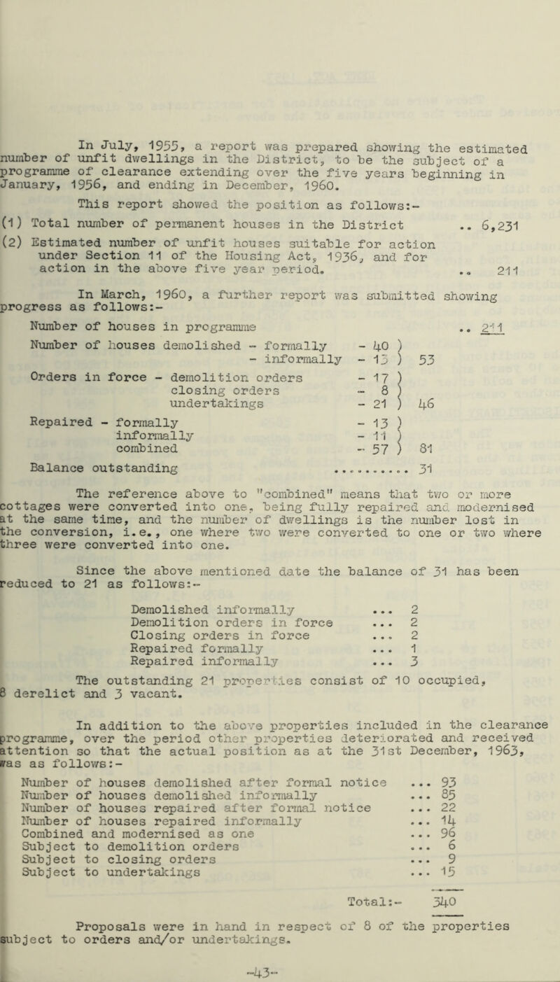 In July, 1953, a report was prepared showing the estimated number of unfit dwellings in the District, to be the subject of a programme of clearance extending over the five years beginning in January, 1956, and ending in December, 1960. This report shov/ed the position as follows:- (1) Total number of permanent houses in the District .. 6,231 (2) Estimated niiraber of unfit houses suitable for action under Section 11 of the Housing Act, 1936, and for action in the above five year period. 211 In March, I960, a further report was submitted showing progress as follows Number of houses in programme 2~^ 1 Number of houses demolished ”• formally - informally Orders in force - demolition orders closing orders undertakings Repaired - formally informally combined Balance outstanding The reference above to ’'combined means that tv/o or more cottages were converted into one, being fully repaired and modernised at the seime tine, and the number of dwellings is the nunber lost in the conversion, i.e., one where two were converted to one or two v/here three were converted into one. Since the above mentioned date the balance of 31 has been reduced to 21 as follows ! 1 0 53 - ''T ) - 8 ) - 21 ) 46 - 13 } - 1 1 ) - 57 ) 81 o • u • • e • 31 Demolished informally Demolition orders in force Closing orders in force Repaired formally Repaired informally 2 2 2 1 3 The outstanding 21 properties consist of 10 occupied, 8 derelict and 3 vacant. In addition to the above properties included in the clearance programme, over the period other properties deteriorated and received attention so that the actual position as at the 31st December, 1963> vas as follov/s:- Number of houses demolished after formal notice NUiiber of houses demolislied informally Number of houses repaired after formal notice Nunber of houses repaired informally Combined and modernised as one Subject to demolition orders Subject to closing orders Subject to undertakings 93 85 22 14 96 6 9 15 Total:' 340 Proposals were in hand in respect of 8 of the properties subject to orders and/or \indertakings. -43...