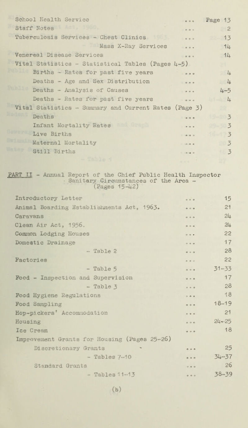 School Health Service Staff Notes Tuberculosis Services - Chest Clinics o o o Page 13 n o o C.. o e o 1 3 Mass X-Ray Services .0. 14 Venereal Disease Services 0 „ => 14 Vital Statistics ~ Statistical Tables (Pages 4-5) Births - Rates for past five years „»« 4 Deaths - Age and Sex Distribution o»0 4 Deaths - Analysis of Causes .««, 4-5 Deaths - Rates for past five years „„„ 4 Vital Statistics - Summary and Current Rates (Page 3) Deaths «„ » 3 Infant Mortality Rates ..„ 3 Live Births „ <> <> 3 Maternal Mortality „ „ „ 3 Sti11 Births ..» 3 PART II - Annual Report of the Chief Public Health Inspector ■ Sanitary Circumstances of the Area <=> (Pages 1.5-42) Introductory Letter Animal Boarding Establishments Act, Caravans Clean Air Act, 1956* Common Lodging Houses Domestic Drainage - Table 2 Factories 1963* - Table 5 Food - Inspection and Supervision - Table 3 Food Hygiene Regulations Food Sampling Hop-pickers* Accommodation Housing Ice Cream Improvement Grants for Housing (Pages 25-26) Discretionary Grants - Tables 7-10 Standard Grants - Tables 11-13 000 000 000 000 o o • o o u 000 000 000 0*0 o o O 000 000 © © 0 000 000 O U Q o o e 000 000 15 21 24 24 22 17 28 22 31-33 17 28 18 18-19 21 24-25 18 25 34=37 26 38-39 (b)