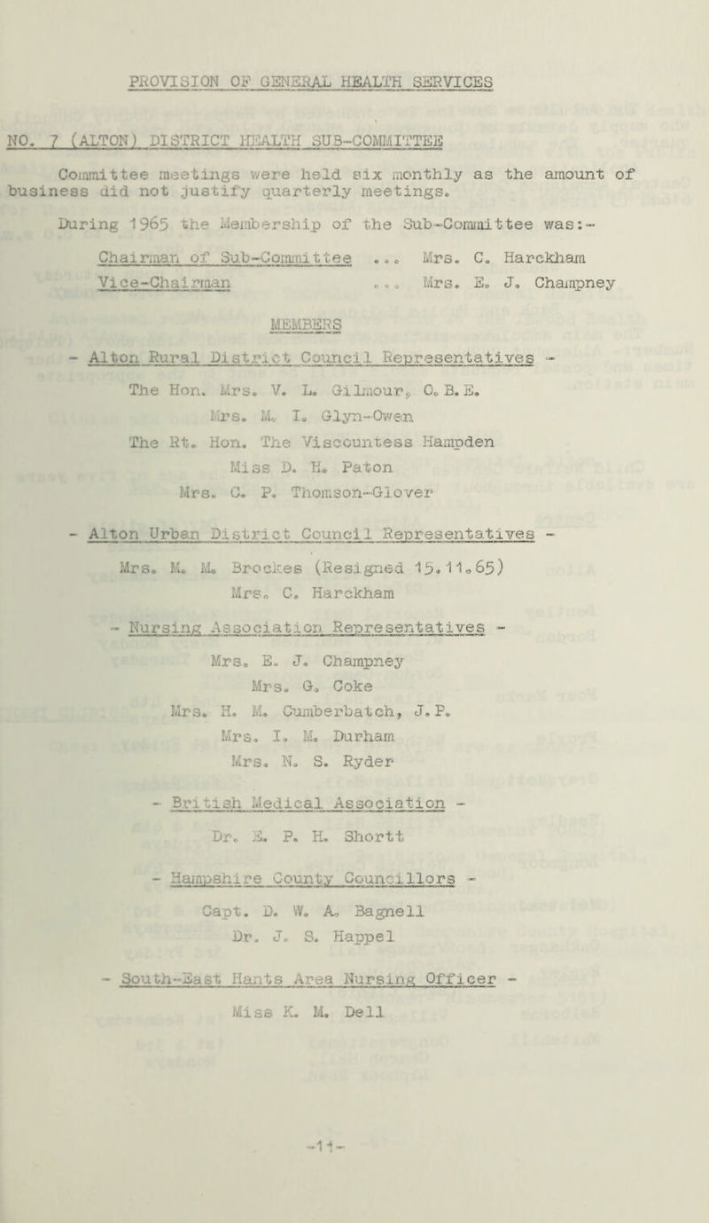 PROVISION OP GENERAL HEALTH SERVICES NO. 7 (ALTON) DISTRICT HEALTH SUBCOMMITTEE Committee meetings were held six monthly as the amount of business did not justify quarterly meetings. During 1965 the Membership of the Subcommittee was:™ Chairman of Sub-Committee ... Mrs. C„ Harckham Vice-Chairman „•„ Mrs, E. <J. Champney MEMBERS - Alton Rural District Council Representatives - The Hon. Mrs. V. L. Gilmour9 0. B. E. Mrs. M. I. Glyn-Owen The Rt. Hon. The Viscountess Hampden Miss D. H. Paton Mrs.. C. P. ThomsonCl over - Alton Urban District Council Representatives - Mrs. K. Mo Brookes (Resigned 15* Ho65) Mrs o C. Harckham - Nursing Association Representatives - Mrs. Eu J. Champney Mrs* Ga Coke Mrs. H. M. Cumberbatch, J. P. Mrs, I, M. Durham Mrs. N. S. Ryder - British Medical Association - Dr. E. P. H. Shortt - Hampshire County Countillo.rs - Capt. D. Wo A. Bagnell Dr. J. S. Happel - South-East Hants Area Nursing Officer - Miss K. M, Dell
