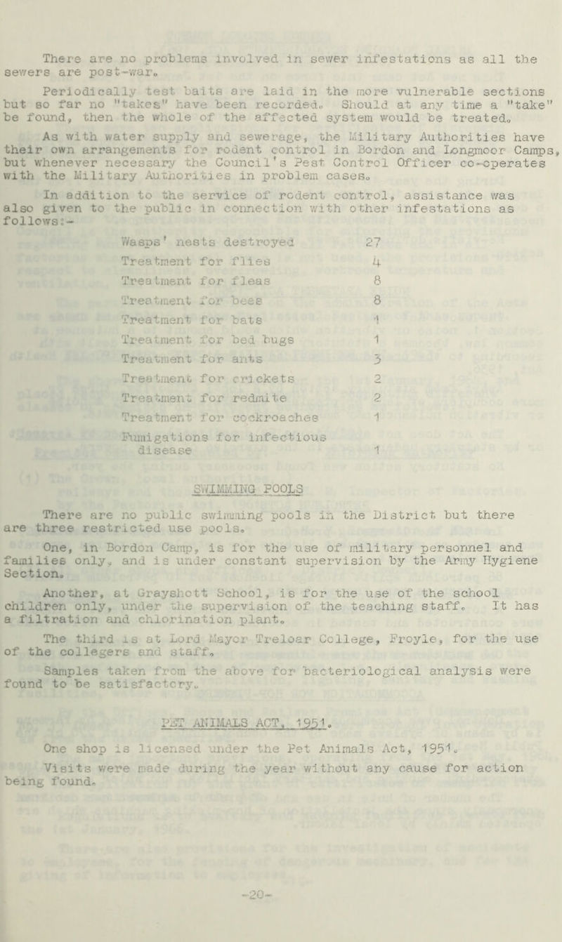 sewers are post-war,, Periodically test baits are laid in the more vulnerable sections but so far no ’’takes have been recorded.. Should at any time a take be found, then the whole of the. affected system would be treated,. As with water supply and sewerage, the Military Authorities have their own arrangements for rodent control in Bordon and Iongmoor Camps, but whenever necessary the Council’s Pest Control Officer co-operates with the Military Authorities in problem cases* In addition to the service of rodent control, assistance was also given to the public in connection with other infestations as follows2- Waspsf nests destroyed 27 Treatment for flies 4 Trea Irnent for fleas 8 Treatment for bees 8 Treatment for bats 1 Treatment for bed bugs 1 Treatment for ant s 3 Treatment. for erickets 2 Treatment f or redmite 2 Treatment for cockroaches 1 Fumigations for infectious disease 1 SWIMMING POOLS There are no public swimming pools in the District, but there are three restricted use pools* One, in Bordon Camp, is for the use of military personnel and families only, and is under constant supervision by the Army Hygiene Section., Another, at Grayehctt School, is for the use of the school children only, under the supervision of the teaching staff* It has a filtration and chlorination plant* The third is at Lord Mayer Treloar College, Froyle, for the use of the collegers and staff* Samples taken from the above for bacteriological analysis were found to be satisfactory* PDT ANIMALS ACT, *.951 * One shop is licensed under the Pet Animals Act, 195U Visits were rade during the year without any cause for action being found* -20-