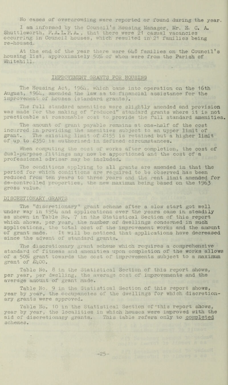 I am informed by the C Li* s Housing Manager*, Mr. Ho C. A. Shuttleworth, PnlLP. A., that there were 21 casual vacancies occurring in Council houses, which resulted in\2t families being re-housedo At the end of the year there were bU0 families on the Councils s housing lists, approximately 30% of whom were from the Parish of Whitehi11„ IMPROVEMENT GRANTS FOR HOUSING The Housing Act* 196a« which came into operation on the 16th August, 1964* amended the law as to financial assistance for the improvement of houses (standard grants). The full standard amenities were slightly amended and provision was made for the making of ’’reduced standard grants where it is not practicable at reasonable provide the full standard amenities. The amount of grant payable remains at one-half of the cost incurred in providing the amenities subject to an upper limit of grant. The existing 1 imi.t of £1.55 is retained but a higher limit of up to £350 is authorised m defined circumstances. When computing the cost of works after completion, the cost of dual-purpose fittings may now be apportioned and the cost of a professional adviser may be included. The conditions applying to all grants are amended in that the period for which conditions are required to be observed has been reduced from ten years to three years and the rent limit amended for de-cont.rolied properties, the new maximum being based on the 1963 gross value. PI SCRETIONARY GRAN'l S The discretionary grant scheme after a slow start got well under way in 1954 and applications over the years came in steadily as shown in Table No. 7 in the Statistical Section of this report which shows, per year, the number of dwellings concerned in such applications, the total cost of the improvement works and the amount of grant made. It will be noticed that applications have decreased since the advent of standard grants. The discretionary grant scheme which requires a comprehensive standard of fitness and amenities upon completion of the works allows of a 50% grant towards the cost of improvements subject to a maximum grant of £400. Table No. 8 in the Statistical Section of this report shows,,, per year, per dwelling, the average cost of improvements and the average amount of grant made. Table No. 9 in the Statistical Section of this report shows, year by year, the occupancies of the dwellings for which discretion- ary grants were approved. Table No. 10 in the Statistical Section of'this report shows* year by year, the localities in which houses were improved with the aid of discretionary grants. This table refers only to completed schemes.