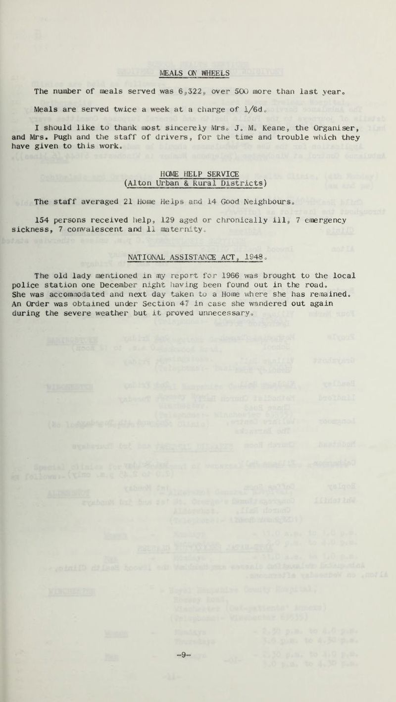 NEALS ON WHEELS The number of meals served was 6,322, over 500 more than last year. Meals are served twice a week at a charge of I/6d. I should like to thank most sincerely Mrsc J. M. Keane, the Organiser, and Mrs. Pugh and the staff of drivers, for the time and trouble which they have given to this work. HONE HELP SERVICE (Alton Urban & Rural Districts) The staff averaged 21 Home Helps and 14 Good Neighbours. 154 persons received help, 129 aged or chronically ill, 7 emergency sickness, 7 convalescent and II maternity. NATIONAL ASSISTANCE ACT, 1S48. The old lady mentioned m .T\y report, for 1966 was brought to the local police station one December night having been found out in the road. She was accomnodated and next day taken to a Home where she has remained. An Order was obtained under Section 47 in case she wandered out again during the severe weather but it proved unnecessary. “9-