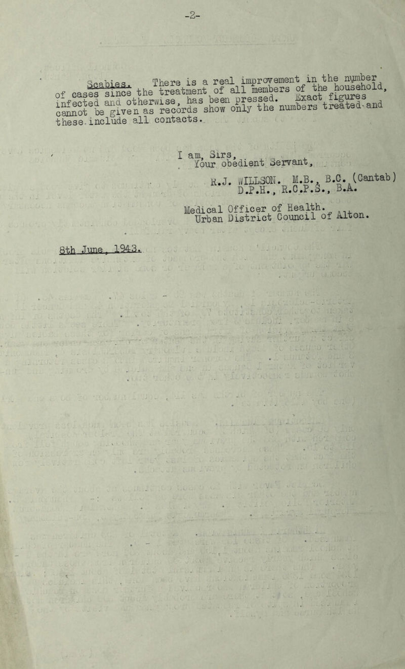 -2- Of castffe the'''treatment the’numbers treated-and these-include all contacts. am. Sirs, n lour obedient Servant, K.J. wILLSON. M.B., B.O. (Cantab) D.P.H., R.C.P.3., B.A. Medical Officer of Health. Urban District Council of Alton. Wl TTl^a , 1943. . ’ . *. V ^ ■_ c t J
