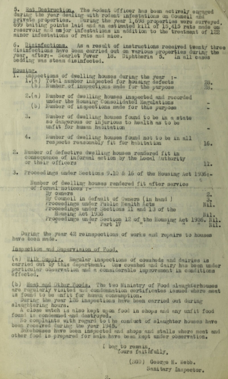 '?• X'iM...Jy,8j«gUUtriWitjL idle nodent Olfioer h a b joii activel/ eu w e d Jurui .; the year dMliw' with rodent infestation* on Council and 8£V*?M* Pr^wr1**2*» during the /ear 1.690 proportion were ourv^yed baiting point a laid and an eat imated Kill of lb.41b rata made on* r airvjir >u major infestations in addition to ths treatment of 122 minor infestations of rats and mine. 6. ,.^lainfltiQIUU As a result of instructions received twent/ three is infections have been carried out on various properties dunnN the /9?jr, after:- Scarlet Fever id. Diphtheria 5. in all —2- beading was steam <iiainfected. cases 1. inspections of dwelling houses during the /oar :- 1*1 a) lot'd number inspected for housing defects &>. \b) Lumber of inspections made for the purpose 3b. 2.(a) lumber of dwelling houses inspected and recorded under tho Housing Consolidated Regulations - vuj lumber of inspections made for this purpose 3# lumber of dwelling houses found to be m a state so dangerous or injurious to health as to be unfit for human 1 , . . 4. lumber of dwelling houses found not to be m all respects reasonably fit for habitation 16. 2. Cumber of defective dwelling houses rendered fit in consequence of informal action by the Local uthority or thaii officers 3. rocaodmgs under boot ions 9.10 & 16 of the Housing *act 1936j- Humber of dwelling houses rendered fit after service - -of f urr m 1 no ticoir r-'- “*■: — -**» - - * ***** • . , By owners * 2. By Council in default of Owner® (in hand ) j. *rocuedinge under Fublio Health Acts Kil. proceedings under Lections 11 and id of thu H meing Act 1936 mi. Proceedcuga under Lection 12 of the Housing Act 1936. Kil. ”  Part IV  M ••  ia. During the year 42 reinspections of works and repairs to houses have been made. wJLiLnaL (a; >klL ohppl/t Regular inspections of cowsheds and dairies is carried out oy this icpartmnt. one cowshed .1.3 dairy h ; ue »n uinl«r particular observation -uni a consi derable improvumon t in conditions effected* (bj at-_iind ,ytla ,r .Foods, xhe two Hmistpy of Food slaughterhouses are regularly visited and condemnation oortificates issued where meat hum n consumption* During the year l3u inspections have been carried out during slaughtering hours. A close watch is also kept u(;On food in shops and any unfit food foun t la condemned‘and destroyed. Ho complaints with regard to t he conduct of daughter houeea have been received during the year 1945.■ .k Kuhouses have been inspected and shops and stalls whore meat and other food is prepared for sale have been kept under observation. L bog to remain. fours faithfully, (lAKJj Geor e H. «.eob# Sanitary Inspector.