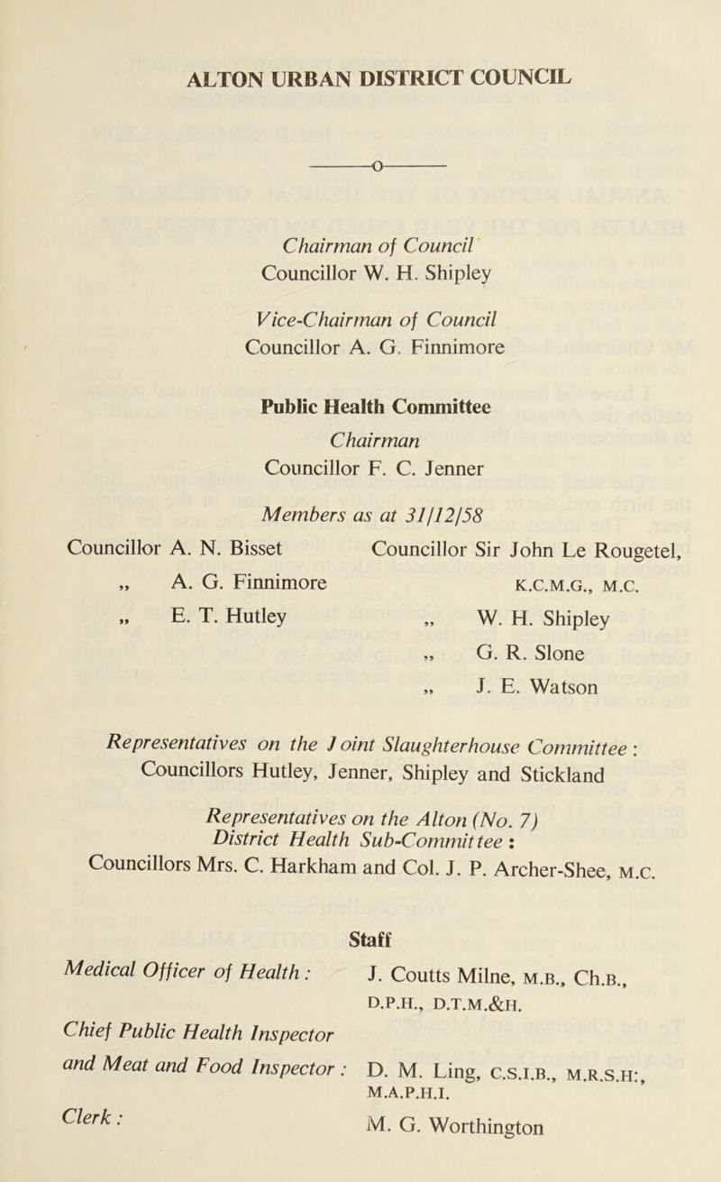 O Chairman of Council Councillor W. H. Shipley Vice-Chairman of Council Councillor A. G, Finnimore Public Health Committee Chairman Councillor F. C. Jenner Members as at 31 //2/58 Councillor A. N. Bisset Councillor Sir John Le Rougetel, „ A. G. Finnimore K.C.M.G., M.C. „ E. T. Flutley „ W. H. Shipley „ G. R. Slone „ J. E. Watson Representatives on the Joint Slaughterhouse Committee: Councillors Hutley, Jenner, Shipley and Stickland Representatives on the Alton (No. 7) District Health Sub-Commit tee : Councillors Mrs. C. Harkhani and Col. J. P. Archer-Shee, m.c. Staff Medical Officer of Health: J. Coutts Milne, m.b., Ch.B., D.P.H., D.T.M.&H. Chief Public Health Inspector and Meat and Food Inspector : D. M. Ling, c.s.i.b., m.r.s.h:, m.a.p.h.i. M. G. Worthington Clerk: