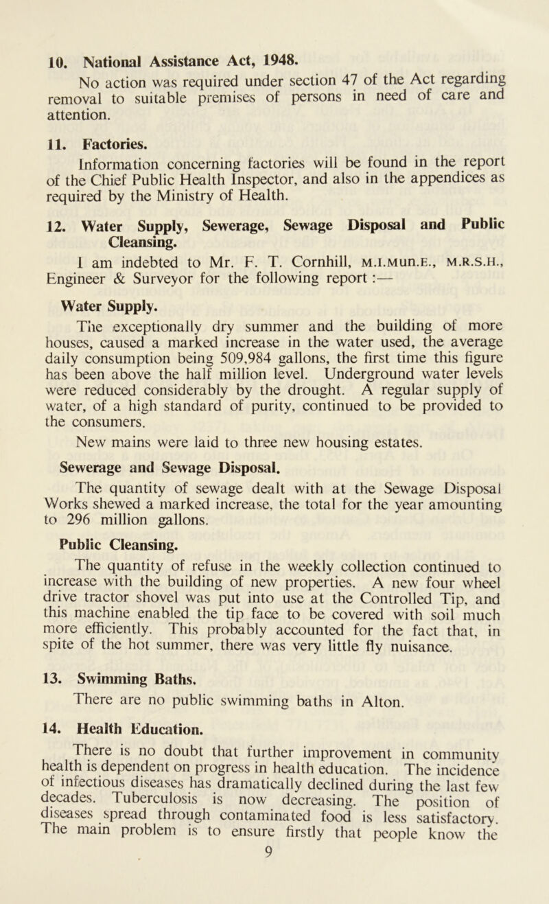 10. National Assistance Act, 1948. No action was required under section 47 of the Act regarding removal to suitable premises of persons in need of care and attention. 11. Factories. Information concerning factories will be found in the report of the Chief Public Health Inspector, and also in the appendices as required by the Ministry of Health. 12. Water Supply, Sewerage, Sewage Disposal and Public Cleansing. 1 am indebted to Mr. F. T. Cornhill, M.i.Mun.E., m.r.s.h., Engineer & Surveyor for the following report:— Water Supply. The exceptionally dry summer and the building of more houses, caused a marked increase in the water used, the average daily consumption being 509,984 gallons, the first time this figure has been above the half million level. Underground water levels were reduced considerably by the drought. A regular supply of water, of a high standard of purity, continued to be provided to the consumers. New mains were laid to three new housing estates. Sewerage and Sewage Disposal. The quantity of sewage dealt with at the Sewage Disposal Works shewed a marked increase, the total for the year amounting to 296 million gallons. Public Cleansing. The quantity of refuse in the weekly collection continued to increase with the building of new properties. A new four wheel drive tractor shovel was put into use at the Controlled Tip, and this machine enabled the tip face to be covered with soil much more efficiently. This probably accounted for the fact that, in spite of the hot summer, there was very little fly nuisance. 13. Swimming Baths, There are no public swimming baths in Alton. 14. Health Education. There is no doubt that further improvement in community health is dependent on progress in health education. The incidence of infectious diseases has dramatically declined during the last few decades. Tuberculosis is now decreasing. The position of diseases spread through contaminated food is less satisfactory. The main problem is to ensure firstly that people know the