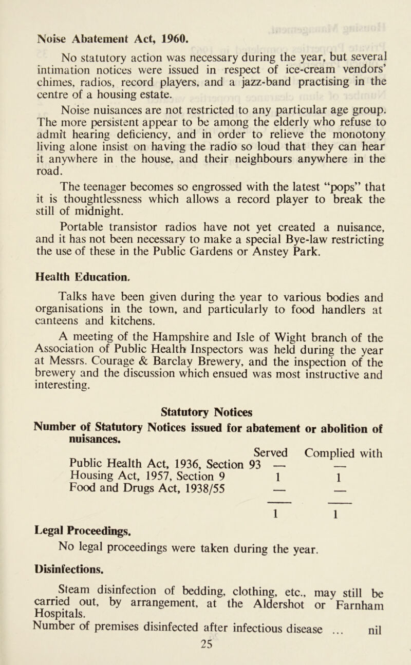 Noise Abatement Act, 1960. No statutory action was necessary during the year, but several intimation notices were issued in respect of ice-cream vendors’ chimes, radios, record players, and a jazz-band practising in the centre of a housing estate. Noise nuisances are not restricted to any particular age group. The more persistent appear to be among the elderly who refuse to admit hearing deficiency, and in order to relieve the monotony living alone insist on having the radio so loud that they can hear it anywhere in the house, and their neighbours anywhere in the road. The teenager becomes so engrossed with the latest “pops” that it is thoughtlessness which allows a record player to break the still of midnight. Portable transistor radios have not yet created a nuisance, and it has not been necessary to make a special Bye-law restricting the use of these in the Public Gardens or Anstey Park. Health Education. Talks have been given during the year to various bodies and organisations in the town, and particularly to food handlers at canteens and kitchens. A meeting of the Hampshire and Isle of Wight branch of the Association of Public Health Inspectors was held during the year at Messrs. Courage & Barclay Brewery, and the inspection of the brewery and the discussion which ensued was most instructive and interesting. Statutory Notices Number of Statutory Notices issued for abatement or abolition of nuisances. Served Complied with Public Health Act, 1936, Section 93 — — Housing Act, 1957, Section 9 1 1 Food and Drugs Act, 1938/55 — — 1 1 Legal Proceedings. No legal proceedings were taken during the year. Disinfections. Steam disinfection of bedding, clothing, etc., may still be carried out, by arrangement, at the Aldershot or ' Farnham Hospitals. Number of premises disinfected after infectious disease nil