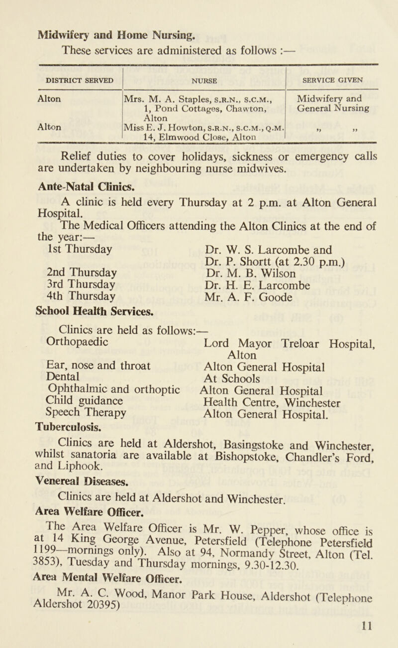 Midwifery and Home Nursing. These services are administered as follows :— DISTRICT SERVED NURSE Alton Mrs. M. A. Staples, s.r.n., s.c.m 1, Pond Cottages, Chawton, Alton service given Midwifery and General Nursing Alton Miss E. J. Howton, s.r.n., s.c.m., q.m. 14, Elmwood Close, Alton Relief duties to cover holidays, sickness or emergency calls are undertaken by neighbouring nurse mid wives. Ante-Natal Clinics. A clinic is held every Thursday at 2 p.m. at Alton General Hospital. The Medical Officers attending the Alton Clinics at the end of the year:— 1st Thursday Dr. W. S. Larcombe and Dr. P. Shortt (at 2.30 p.m.) 2nd Thursday Dr. M. B. Wilson 3rd Thursday Dr. H. E. Larcombe 4th Thursday Mr. A. F. Goode School Health Services. Clinics are held as follows: Orthopaedic Ear, nose and throat Dental Ophthalmic and orthoptic Child guidance Speech Therapy Tuberculosis. Lord Mayor Treloar Hospital, Alton Alton General Hospital At Schools Alton General Hospital Health Centre, Winchester Alton General Hospital. Clinics are held at Aldershot, Basingstoke and Winchester, whilst sanatoria are available at Bishopstoke, Chandler’s Ford, and Liphook. Venereal Diseases. Clinics are held at Aldershot and Winchester. Area Welfare Officer. Area Welfarc Officer is Mr. W. Pepper, whose office is f* 14 KinS George Avenue, Petersfield (Telephone Petersfield <^r”ngS only)’ Also at 94’ Normandy Street, Alton (Tel. 3o^3), luesday and Thursday mornings, 9.30-12.30. Area Mental Welfare Officer. a i A‘ Wood, Manor Park House, Aldershot Aldershot 20395) (Telephone