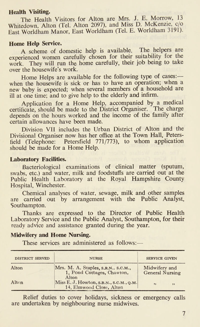 Health Visiting. The Health Visitors for Alton are Mrs. J. E. Morrow, 13 Whitedown, Alton (Tel. Alton 2097), and Miss D. McKenzie, c/o East Worldham Manor, East Worldham (Tel. E. Worldham 3191). Home Help Service. A scheme of domestic help is available. The helpers are experienced women carefully chosen for their suitability for the work. They will run the home carefully, their job being to take over the housewife’s work. Home Helps are available for the following type of cases:— when the housewife is sick or has to have an operation; when a new baby is expected; when several members of a household are ill at one time; and to give help to the elderly and infirm. Application for a Home Help, accompanied by a medical certificate, should be made to the District Organiser. The charge depends on the hours worked and the income of the family after certain allowances have been made. Division VII includes the Urban District of Alton and the Divisional Organiser now has her office at the Town Hall, Peters- field (Telephone: Petersfield 771/773), to whom application should be made for a Home Help. Laboratory Facilities. Bacteriological examinations of clinical matter (sputum, swabs, etc.) and water, milk and foodstuffs are carried out at the Public Health Laboratory at the Royal Hampshire County Hospital, Winchester. Chemical analyses of water, sewage, milk and other samples are carried out by arrangement with the Public Analyst, Southampton. Thanks are expressed to the Director of Public Health Laboratory Service and the Public Analyst, Southampton, for their ready advice and assistance granted during the year. Midwifery and Home Nursing. These services are administered as follows:— DISTRICT SERVED NURSE SERVICE GIVEN Alton Mrs. M. A. Staples, s.r.n., s.c.m., Midwifery and 1, Pond Cottages, Chawton, Alton General Nursing Alton Miss E. J. Howton, s.r.n., s.c.m., q.m. M 99 14, Elmwood Close, Alton Relief duties to cover holidays, sickness or emergency calls are undertaken by neighbouring nurse midwives.