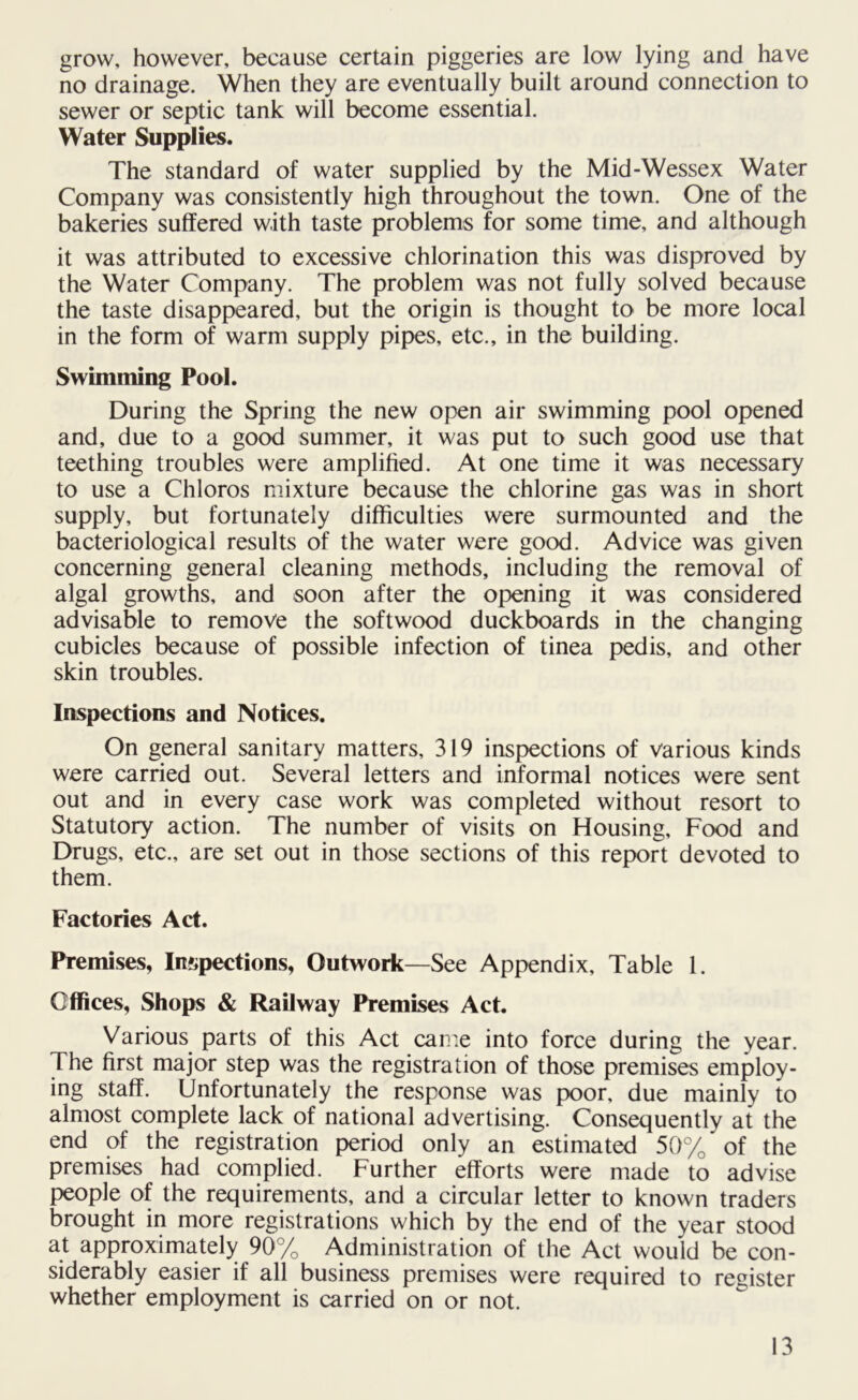 grow, however, because certain piggeries are low lying and have no drainage. When they are eventually built around connection to sewer or septic tank will become essential. Water Supplies. The standard of water supplied by the Mid-Wessex Water Company was consistently high throughout the town. One of the bakeries suffered with taste problems for some time, and although it was attributed to excessive chlorination this was disproved by the Water Company. The problem was not fully solved because the taste disappeared, but the origin is thought to be more local in the form of warm supply pipes, etc., in the building. Swimming Pool. During the Spring the new open air swimming pool opened and, due to a good summer, it was put to such good use that teething troubles were amplified. At one time it was necessary to use a Chloros mixture because the chlorine gas was in short supply, but fortunately difficulties were surmounted and the bacteriological results of the water were good. Advice was given concerning general cleaning methods, including the removal of algal growths, and soon after the opening it was considered advisable to remove the softwood duckboards in the changing cubicles because of possible infection of tinea pedis, and other skin troubles. Inspections and Notices. On general sanitary matters, 319 inspections of various kinds were carried out. Several letters and informal notices were sent out and in every case work was completed without resort to Statutory action. The number of visits on Housing, Food and Drugs, etc., are set out in those sections of this report devoted to them. Factories Act. Premises, Inspections, Outwork—See Appendix, Table 1. Offices, Shops & Railway Premises Act. Various parts of this Act came into force during the year. The first major step was the registration of those premises employ- ing staff. Unfortunately the response was poor, due mainly to almost complete lack of national advertising. Consequently at the end of the registration period only an estimated 50% of the premises had complied. Further efforts were made to advise people of the requirements, and a circular letter to known traders brought in more registrations which by the end of the year stood at approximately 90% Administration of the Act would be con- siderably easier if all business premises were required to register whether employment is carried on or not.