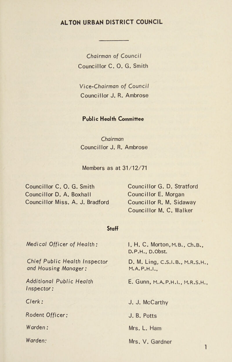 Chairman of Council Councillor C. 0. G. Smith Vice-Chairman of Council Councillor J. R. Ambrose Public Health Committee Chairman Councillor J. R. Ambrose Members as at 31/12/71 Councillor C. 0. G. Smith Councillor G. D. Stratford Councillor D. A. Boxhall Councillor E. Morgan Councillor Miss. A. J. Bradford Councillor R. M. Sidaway Councillor M. C. Walker Staff Medical Officer of Health : Chief Public Health Inspector and Housing Manager: Additional Public Health Inspector: Clerk : Rodent Officer: Warden: Warden: I. H. C. Morton,M.B., ch.B., D.P.H., D.Obst. D. M. Ling, C.S.I.B., M.R.S.H., M.A.P.H.I., E. Gunn, M.A.P.H.I., M.R.S.H., J. J. McCarthy J. B. Potts Mrs. L. Hami Mrs. V. Gardner
