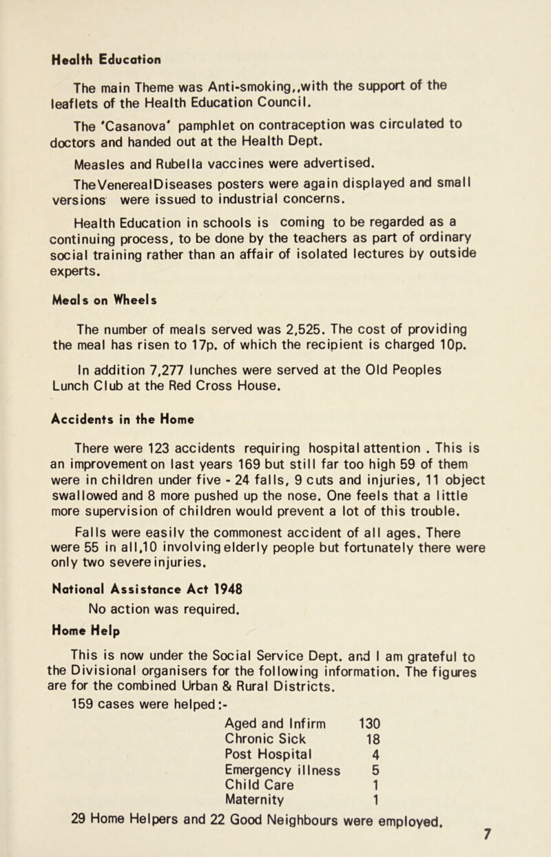Health Education The main Theme was Anti-smoking,,with the support of the leaflets of the Health Education Council. The 'Casanova' pamphlet on contraception was circulated to doctors and handed out at the Health Dept. Measles and Rubella vaccines were advertised. The Venerea I Diseases posters were again displayed and small versions were issued to industrial concerns. Health Education in schools is coming to be regarded as a continuing process, to be done by the teachers as part of ordinary social training rather than an affair of isolated lectures by outside experts. Meals on Wheels The number of meals served was 2,525. The cost of providing the meal has risen to 17p. of which the recipient is charged lOp. In addition 7,277 lunches were served at the Old Peoples Lunch Club at the Red Cross House. Accidents in the Home There were 123 accidents requiring hospital attention . This is an improvement on last years 169 but still far too high 59 of them were in children under five - 24 falls, 9 cuts and injuries, 11 object swallowed and 8 more pushed up the nose. One feels that a little more supervision of children would prevent a lot of this trouble. Falls were easily the commonest accident of all ages. There were 55 in all,10 involving elderly people but fortunately there were only two severe injuries. National Assistance Act 1948 No action was required. Home Help This is now under the Social Service Dept, and I am grateful to the Divisional organisers for the following information. The figures are for the combined Urban & Rural Districts. 159 cases were helped Aged and Infirm Chronic Sick Post Hospital Emergency illness Child Care Maternity 130 18 4 5 1 29 Home Helpers and 22 Good Neighbours were employed.