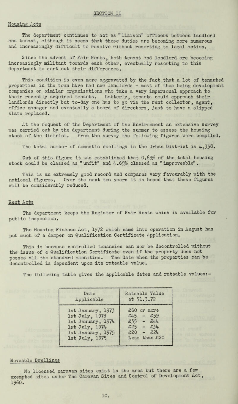SECTION II Housing Acts The department continues to act as liaison officers between landlord and tenant, although it seems that these duties are becoming more numerous and increasingly difficult to resolve without resorting to legal action. Since the advent of Fair Rents, both tenant and landlord are becoming increasingly militant towards each other, eventually resorting to this department to sort out their differences. This condition is even more aggravated by the fact that a lot of tenanted properties in the town have had new landlords - most of them being development companies or similar organisations who take a very impersonal approach to their recently acquired tenants. Latterly, tenants could approach their landlords directly but to-day one has to go via the rent collector, agent, office manager and eventually a board of directors, just to have a slipped slate replaced. At the request of the Department of the Environment an extensive survey was carried out by the department during the summer to assess the housing stock of the district. From the survey the following figures were compiled. The total number of domestic dwellings in the Urban District is 4,338. Out of this figure it was established that 0.63% of the total housing stock could be classed as unfit and 4.65% classed as  improveable . This is an extremely good record and compares very favourably with the national figures. Over the next ten years, it is hoped that these figures will be considerably reduced. Rent Acts The department keeps the Register of Fair Rents which is available for public inspection. The Housing Finance Act, 1972 which came into operation in August has put much of a damper on Qualification Certificate Application. This is because controlled tenancies can now be decontrolled without the issue of a Qualification Certificate even if the property does not posses all the standard amenities. The date when the properties can be decontrolled is dependent upon its rateable value. The follo’wing table gives the applicable dates and rateable values:- Date Applicable Rateable Value at 31.3.72 1st January, 1973 1st July, 1973 1st January, 1974 1st July, 1974 1st January, 1975 1st July, 1975 £60 or more £45 - £59 £35 - £44 £25 - £34 £20 - £24 Less than £20 Moveable Dwellings No licensed caravan sites exist in the area but there are a few exempted sites under The Caravan Sites and Control of Development Act, I960.