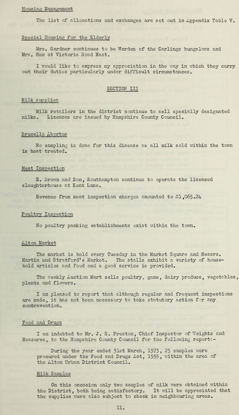 Housing Management The list of allocations and exchanges are set out in Appendix Table V. Special Housing for the Elderly Mrs. Gardner continues to be Warden of the Carlings bungalows and Mrs. Ham at Victoria Road East. I would like to express my appreciation in the way in which they carry out their duties particularly under difficult circumstances. SECTION III Milk supplies Milk retailers in the district continue to sell specially designated milks. Licences are issued by Hampshire County Council. Brucella Abortus No sampling is done for this disease as all milk sold within the town is heat treated. Meat Inspection E. Brown and Son, Southampton continue to operate the licenced slaughterhouse at Kent Lane. Revenue from meat inspection charges amounted to <£ 1,065.24 Poultry Inspection No poultry packing establishments exist within the town. Alton Market The market is held every Tuesday in the Market Square and Messrs. Martin and Stratford's Market. The stalls exhibit a variety of house- hold articles and food and a good service is provided. The weekly Auction Mart sells poultry, game, dairy produce, vegetables, plants and flowers. I am pleased to report that although regular and frequent inspections are made, it has not been necessary to take statutory action for any contravention. Food and Drugs I am indebted to Mr. J. S. Preston, Chief Inspector of Weights and Measures, to the Hampshire County Council for the following report:- During the year ended 31st March, 1973, 25 samples were procured under the Food and Drugs Act, 1955, within the area of the Alton Urban District Council. Milk Samples On this occasion only two samples of milk were obtained within the District, both being satisfactory. It will be appreciated that the supplies were also subject to check in neighbouring areas.