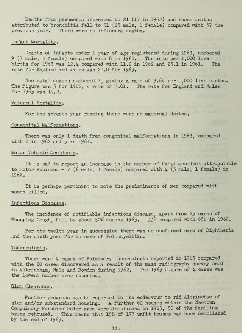 Deaths from pneumonia increased to 21 (17 in 1962) and those deaths attributed to bronchitis fell to 31 (25 male, 6 female) compared with 37 the previous year. There were no influenza deaths. Infant Mortality. Deaths of infants under 1 year of age registered during 1963, numbered 9 (7 male, 2 female) compared with 8 in 1962. The rate per 1,000 live births for 1963 was 12.4 compared with 11.2 in 1962 and 23.1 in 1961. The rate for England and Wales was 21.0 for 1963. Neo natal deaths numbered 7, giving a rate of 9.64 per 1,000 live births. The figure was 5 for 1962, a rate of 7.01, The rate for England and //ales for 1963 was 14.2. Maternal Mortality. For the seventh year running there were no maternal deaths. Congenital Malformations. There was only 1 death from,congenital malformations in 1963, compared with 2 in 1962 and 5 in 196l. Motor Vehicle Accidents. It is sad to report an increase in the number of fatal accident attributable to motor vehicles - 7 (6 male, 1 female) compared with 4 (3 male, 1 female) in 1962. It is perhaps pertinent to note the predominance of men compared with women killed. Infectious Diseases. The incidence of notifiable infectious disease, apart from 25 cases of Whooping Gough, fell by about 50% during 1963. 338 compared with 656 in 1962. For the twelth year in succession there was no confirmed case of Diphtheria and the sixth year for no case of Poliomyelitis. Tuberculosis. There were 4 cases of Pulmonary Tuberculosis reported in 1963 compared with the 20 cases discovered as a result of the mass radiography survey held in Altrincham, Hale and Bowdon during 1962. The 1963 figure of 4 cases was the lowestnumber ever reported. Slum Clearance. Further progress can be reported in the endeavour to rid Altrincham of slum and/or substandard housing. A further 62 houses within the Newtown Compulsory Purchase Order area were demolished in 1963, 50 of the families being rehoused. This means that 158 of 177 unfit houses had been demolished by the end cf 1963.