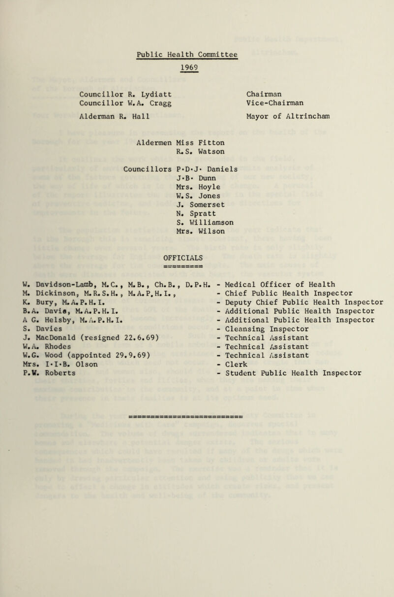 Public Health Committee 1969 Councillor R. Lydiatt Councillor W. A. Cragg Alderman R. Hall Chairman Vice-Chairman Mayor of Altrincham Aldermen Miss Fitton R. S. Watson Councillors P*D*J* Daniels J•B• Dunn Mrs. Hoyle W.S. Jones J. Somerset N. Spratt S. Williamson Mrs. Wilson OFFICIALS W. Davidson-Lamb, M. C. , M. B. , Ch. B. , D. P. H. M. Dickinson, M. R. S.H. , M. A. P.H. I. , K. Bury, M.A.P. H. I. B. A. Davia, M.A. P. H. I. A G. Helsby, M.A.P.H. I. S. Davies J. MacDonald (resigned 22.6.69) W. A. Rhodes W.G. Wood (appointed 29.9.69) Mrs. I*I*B. Olson P.W. Roberts - Medical Officer of Health - Chief Public Health Inspector - Deputy Chief Public Health Inspector - Additional Public Health Inspector - Additional Public Health Inspector - Cleansing Inspector - Technical Assistant - Technical Assistant - Technical Assistant - Clerk - Student Public Health Inspector