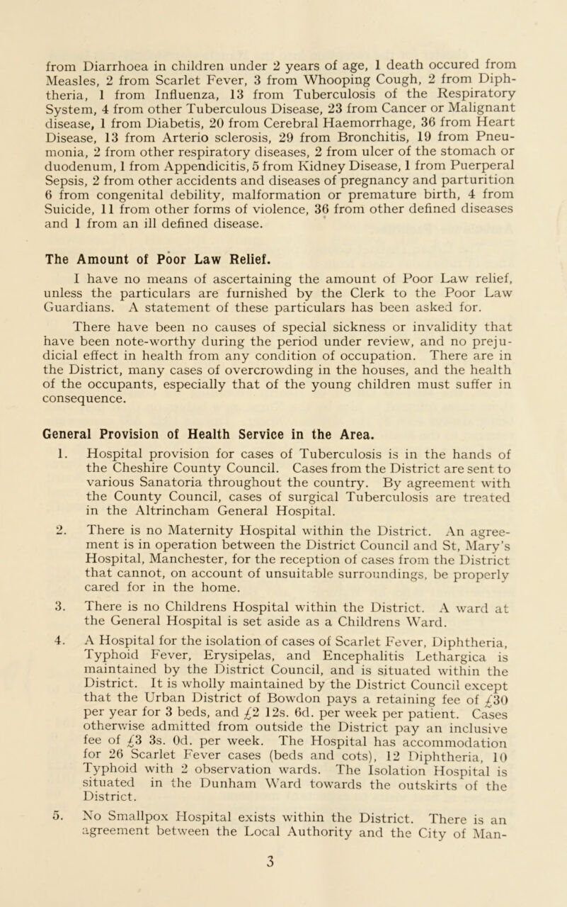 Measles, 2 from Scarlet Fever, 3 from Whooping Cough, 2 from Diph- theria, 1 from Influenza, 13 from Tuberculosis of the Respiratory System, 4 from other Tuberculous Disease, 23 from Cancer or Malignant disease, 1 from Diabetis, 20 from Cerebral Haemorrhage, 36 from Heart Disease, 13 from Arterio sclerosis, 29 from Bronchitis, 19 from Pneu- monia, 2 from other respiratory diseases, 2 from ulcer of the stomach or duodenum, 1 from Appendicitis, 5 from Kidney Disease, 1 from Puerperal Sepsis, 2 from other accidents and diseases of pregnancy and parturition 6 from congenital debility, malformation or premature birth, 4 from Suicide, 11 from other forms of violence, 36 from other defined diseases and 1 from an ill defined disease. The Amount of Poor Law Relief. I have no means of ascertaining the amount of Poor Law relief, unless the particulars are furnished by the Clerk to the Poor Law Guardians. A statement of these particulars has been asked for. There have been no causes of special sickness or invalidity that have been note-worthy during the period under review, and no preju- dicial effect in health from any condition of occupation. There are in the District, many cases of overcrowding in the houses, and the health of the occupants, especially that of the young children must suffer in consequence. General Provision of Health Service in the Area. 1. Hospital provision for cases of Tuberculosis is in the hands of the Cheshire County Council. Cases from the District are sent to various Sanatoria throughout the country. By agreement with the County Council, cases of surgical Tuberculosis are treated in the Altrincham General Hospital. 2. There is no Maternity Hospital within the District. An agree- ment is in operation between the District Council and St, Mary’s Hospital, Manchester, for the reception of cases from the District that cannot, on account of unsuitable surroundings, be properly cared for in the home. 3. There is no Childrens Hospital within the District. A ward at the General Hospital is set aside as a Childrens Ward. 4. A Hospital for the isolation of cases of Scarlet Fever, Diphtheria, Typhoid Fever, Erysipelas, and Encephalitis Lethargica is maintained by the District Council, and is situated within the District. It is wholly maintained by the District Council except that the Urban District of Bowdon pays a retaining fee of /30 per year for 3 beds, and £2 12s. fid. per week per patient. Cases otherwise admitted from outside the District pay an inclusive fee of £3 3s. Od. per week. The Hospital has accommodation for 26 Scarlet Fever cases (beds and cots), 12 Diphtheria, 10 Typhoid with 2 observation wards. The Isolation Hospital is situated in the Dunham Ward towards the outskirts of the District. 5. No Smallpox Hospital exists within the District. There is an agreement between the Local Authority and the City of Man- 3