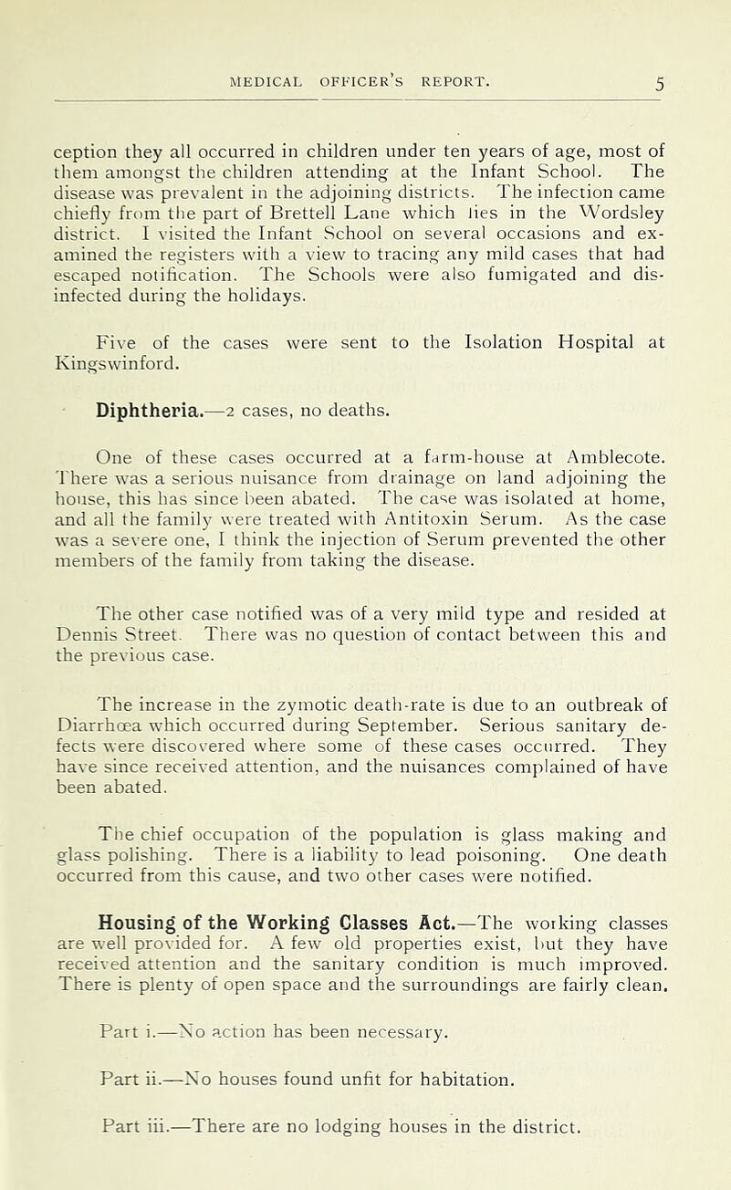 ception they all occurred in children under ten years of age, most of them amongst the children attending at the Infant School. The disease was prevalent in the adjoining districts. The infection came chiefly from the part of Brettell Lane which lies in the Wordsley district. I visited the Infant School on several occasions and ex- amined the registers with a view to tracing any mild cases that had escaped notification. The Schools were also fumigated and dis- infected during the holidays. Five of the cases were sent to the Isolation Hospital at Kingswinford. Diphtheria.—2 cases, no deaths. One of these cases occurred at a farm-house at Amblecote. 'I'here was a serious nuisance from drainage on land adjoining the house, this has since been abated. The case was isolated at home, and all the family were treated with Antitoxin Serum. As the case was a severe one, I think the injection of Serum prevented the other members of the family from taking the disease. The other case notified was of a very mild type and resided at Dennis Street. There was no question of contact between this and the previous case. The increase in the zymotic death-rate is due to an outbreak of Diarrhoea which occurred during September. Serious sanitary de- fects were discovered where some of these cases occurred. They have since received attention, and the nuisances complained of have been abated. The chief occupation of the population is glass making and glass polishing. There is a liability to lead poisoning. One death occurred from this cause, and two other cases were notified. Housing of the Working Classes Act.—The working classes are well provided for. A few old properties exist, but they have received attention and the sanitary condition is much improved. There is plenty of open space and the surroundings are fairly clean. Part i.—No action has been necessary. Part ii.—No houses found unfit for habitation. Part iii.—There are no lodging houses in the district.