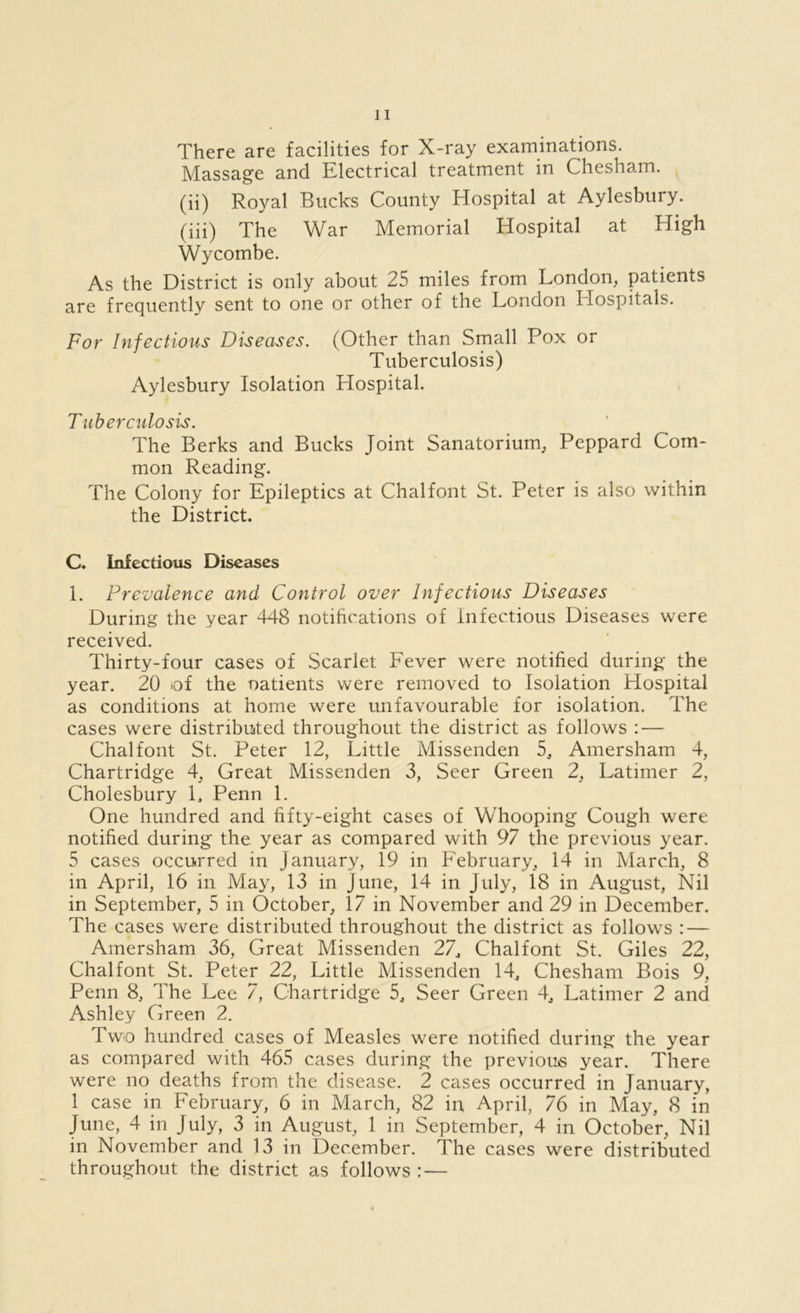 There are facilities for X-ray examinations. Massage and Electrical treatment in Chesham. (ii) Royal Bucks County Hospital at Aylesbury. (iii) The War Memorial Hospital at High Wycombe. As the District is only about 25 miles from London, patients are frequently sent to one or other of the London Hospitals. For Infectious Diseases. (Other than Small Pox or Tuberculosis) Aylesbury Isolation Hospital. Tuberculosis. The Berks and Bucks Joint Sanatorium, Peppard Com- mon Reading. The Colony for Epileptics at Chalfont St. Peter is also within the District. C. Infectious Diseases 1. Prevalence and Control over Infectious Diseases During the year 448 notifications of Infectious Diseases were received. Thirty-four cases of Scarlet Fever were notified during the year. 20 of the oatients were removed to Isolation Hospital as conditions at home were unfavourable for isolation. The cases were distributed throughout the district as follows : — Chalfont St. Peter 12, Little Missenden 5, Amersham 4, Chartridge 4, Great Missenden 3, Seer Green 2, Latimer 2, Cholesbury L Penn 1. One hundred and fifty-eight cases of Whooping Cough were notified during the year as compared with 97 the previous year. 5 cases occurred in January, 19 in February, 14 in March, 8 in April, 16 in May, 13 in June, 14 in July, 18 in August, Nil in September, 5 in October, 17 in November and 29 in December. The cases were distributed throughout the district as follows : — Amersham 36, Great Missenden 27, Chalfont St. Giles 22, Chalfont St. Peter 22, Little Missenden 14, Chesham Bois 9, Penn 8, The Lee 7, Chartridge 5, Seer Green 4, Latimer 2 and Ashley Green 2. Two hundred cases of Measles were notified during the year as compared with 465 cases during the previous year. There were no deaths from the disease. 2 cases occurred in January, 1 case in February, 6 in March, 82 in April, 76 in May, 8 in June, 4 in July, 3 in August, 1 in September, 4 in October, Nil in November and 13 in December. The cases were distributed throughout the district as follows : —
