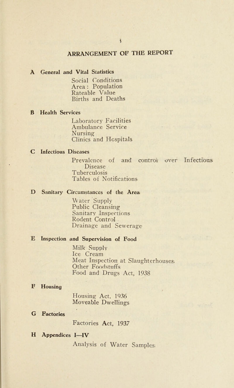 ARRANGEMENT OF THE REPORT A General and Vital Statistics Social Conditions Area : Population Rateable Value Births and Deaths B Health Services Laboratory Facilities Ambulance Service Nursing Clinics and Hospitals C Infectious Diseases Prevalence of and control over Infectious. Disease Tuberculosis Tables of Notifications D Sanitary Circumstances of the Area Water Supply Public Cleansing Sanitary Inspections Rodent Control Drainage and Sewerage E Inspection and Supervision of Food Milk Supply Ice Cream Meat Inspection at Slaughterhouses. Other Foodstuffs Food and Drugs Act, 1938 F Housing Housing Act. 1936 Moveable Dwellings G Factories Factories Act, 1937 H Appendices I—IV Analysis of Water Samples.