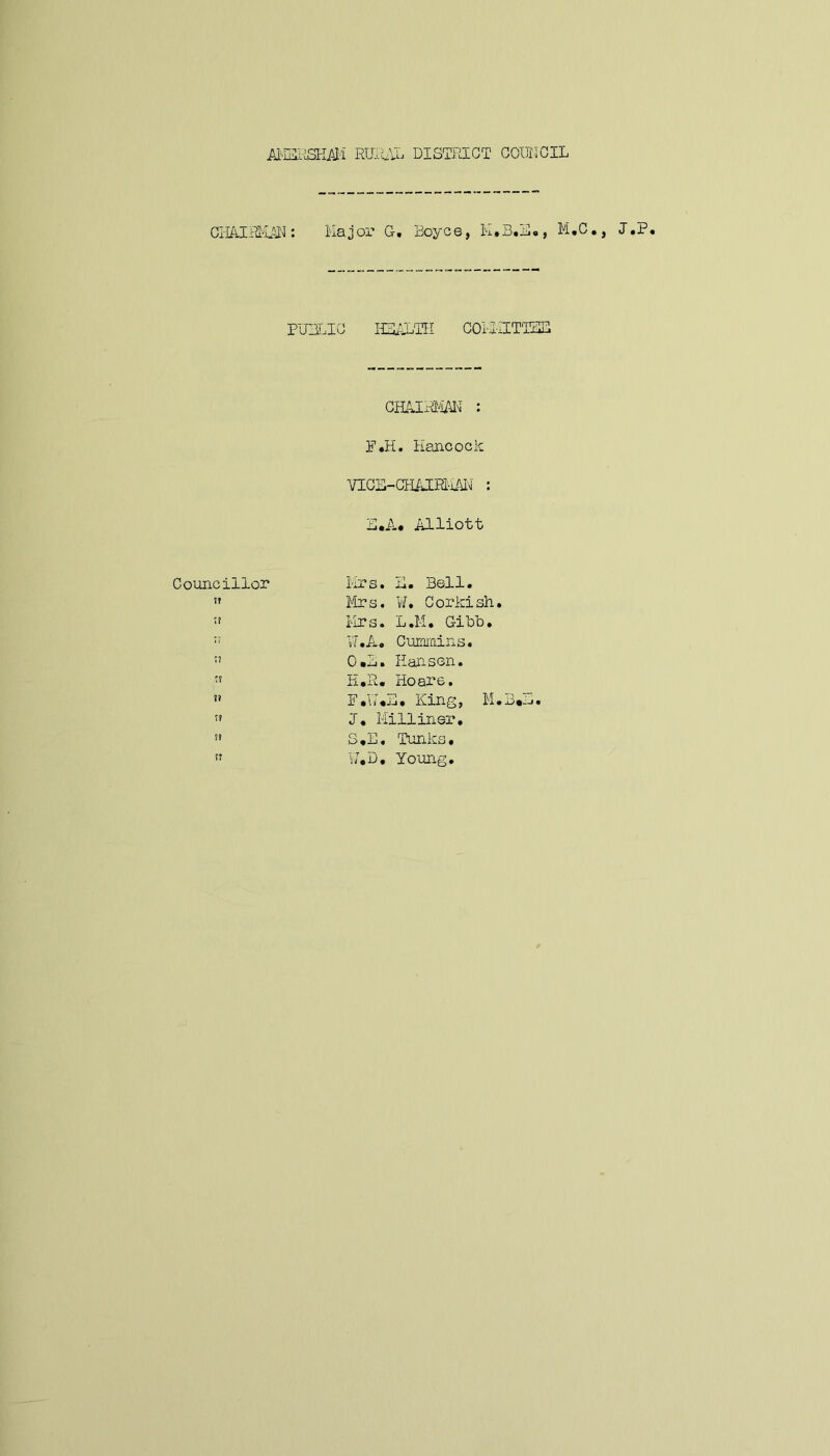 CHAIRMAN: Major G. Boyce, K.3.M., M.C. PUBLIC HEALTH COLMITTHS CHAIRMAN : P.H. Hancock VICE-CHAIRMAN : i.i«il* ALliott Councillor Mrs. H. Bell. ” Mrs. W. Gorkish. Mrs. L.M. Gibb. :: W.A. Cummins. O.L. Hansen. E.R. Ho are. !1 Fall *jj» King, T? J. Milliner. i? S.E. Tunks.  W.D. Young.