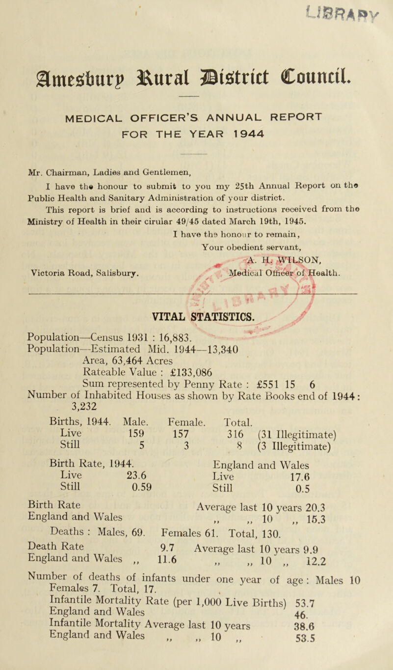 LIBRARY Hmestmrp Eural ©isftrict Council. MEDICAL OFFICER’S ANNUAL REPORT FOR THE YEAR 1944 Mr. Chairman, Ladies and Gentlemen, I have the honour to submit to you my 25th Annual Report on the Public Health and Sanitary Administration of your district. This report is brief and is according to instructions received from the Ministry of Health in their cirular 49/45 dated March 19th, 1945. I have the honour to remain, Your obedient servant, -A- H. WILSON, ' T* * m AJ* * * Victoria Road, Salisbury. Medical Officer of Health. Cv t. f- M * . a . y Jr » ■ 4 5 A M VITAL STATISTICS. Population—Census 1931 : 16,883. Population—Estimated Mid. 1944—13,340 Area, 63,464 Acres Rateable Value : £133,086 Sum represented by Penny Rate : £551 15 6 Number of Inhabited Houses as shown by Rate Books end of 1944 : 3,232 Births, 1944. Male. Live 159 Still 5 Birth Rate, 1944. Live 23.6 Still 0.59 Female. Total. 157 316 (31 Illegitimate) 3 8 (3 Illegitimate) England and Wales Live 17.6 Still 0.5 Birth Rate England and Wales Deaths : Males, 69. Death Rate England and Wales ,, Average last 10 years 20.3 „ „ 10 „ 15.3 Females 61. Total, 130. 9.7 Average last 10 years 9.9 H-6 „ „ 10“ „ 12.2 Number of deaths of infants under one year of age : Males 10 Females 7. Total, 17. Infantile Mortality Rate (per 1,000 Live Births) 53.7 England and Wales 46 Infantile Mortality Average last 10 years 38 6 England and Wales „ „ 10 „ 53.5