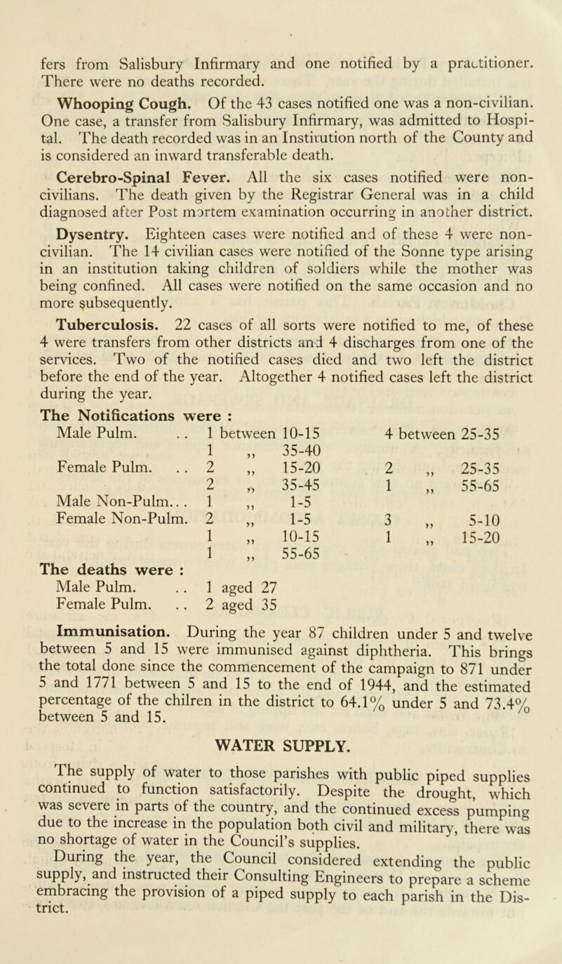 fers from Salisbury Infirmary and one notified by a practitioner. There were no deaths recorded. Whooping Cough. Of the 43 cases notified one was a non-civilian. One case, a transfer from Salisbury Infirmary, was admitted to Hospi- tal. The death recorded was in an Institution north of the County and is considered an inward transferable death. Cerebro-Spinal Fever. All the six cases notified were non- civilians. The death given by the Registrar General was in a child diagnosed after Post mortem examination occurring in another district. Dysentry. Eighteen cases were notified and of these 4 were non- civilian. The 14 civilian cases were notified of the Sonne type arising in an institution taking children of soldiers while the mother was being confined. All cases were notified on the same occasion and no more subsequently. Tuberculosis. 22 cases of all sorts were notified to me, of these 4 were transfers from other districts and 4 discharges from one of the services. Two of the notified cases died and two left the district before the end of the year. Altogether 4 notified cases left the district during the year. The Notifications were : Male Pulm. 1 between 10-15 4 between 25-35 1 „ 35-40 Female Pulm. 2 „ 15-20 2 y y 25-35 2 „ 35-45 1 y y 55-65 Male Non-Pulm.. . 1 „ 1-5 Female Non-Pulm. 2 „ 1-5 3 y y 5-10 1 „ 10-15 1 y y 15-20 1 55-65 The deaths were : Male Pulm. 1 aged 27 Female Pulm. 2 aged 35 Immunisation. During the year 87 children under 5 and twelve between 5 and 15 were immunised against diphtheria. This brings the total done since the commencement of the campaign to 871 under 5 and 1771 between 5 and 15 to the end of 1944, and the estimated percentage of the chilren in the district to 64.1% under 5 and 73 4% between 5 and 15. WATER SUPPLY. The supply of water to those parishes with public piped supplies continued to function satisfactorily. Despite the drought, which was severe in parts of the country, and the continued excess pumping due to the increase in the population both civil and military, there was no shortage of water in the Council’s supplies. During the year, the Council considered extending the public suppiy, and instructed their Consulting Engineers to prepare a scheme embracing the provision of a piped supply to each parish in the Dis- trict.