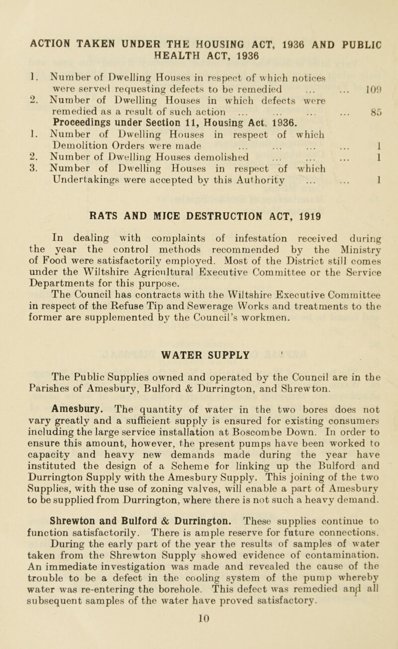 ACTION TAKEN UNDER THE HOUSING ACT, 1936 AND PUBLIC HEALTH ACT, 1936 1. Number of Dwelling Houses in respect of which notices were served requesting defects to be remedied 2. Number of Dwelling Houses in which defects were remedied as a result of such action Proceedings under Section 11, Housing Act, 1936. 1. Number of Dwelling Houses in respect of which Demolition Orders were made 2. Number of Dwelling Houses demolished 3. Number of Dwelling Houses in respect of which Undertakings were accepted by this Authority 109 85 1 1 1 RATS AND MICE DESTRUCTION ACT, 1919 In dealing with complaints of infestation received during the year the control methods recommended by the Ministry of Food were satisfactorily employed. Most of the District still comes under the Wiltshire Agricultural Executive Committee or the Service Departments for this purpose. The Council has contracts with the Wiltshire Executive Committee in respect of the Refuse Tip and Sewerage Works and treatments to the former are supplemented by the Council’s workmen. WATER SUPPLY The Public Supplies owned and operated by the Council are in the Parishes of Amesbury, Bulford & Durrington, and Shrew ton. Amesbury. The quantity of water in the two bores does not vary greatly and a sufficient supply is ensured for existing consumers including the large service installation at Boscombe Down. In order to ensure this amount, however, the present pumps have been worked to capacity and heavy new demands made during the year have instituted the design of a Scheme for linking up the Bulford and Durrington Supply with the Amesbury Supply. This joining of the two Supplies, with the use of zoning valves, will enable a part of Amesbury to be supplied from Durrington, where there is not such a heavy demand. Shrewton and Bulford & Durrington. These supplies continue to function satisfactorily. There is ample reserve for future connections. During the early part of the year the results of samples of water taken from the Shrewton Supply showed evidence of contamination. An immediate investigation was made and revealed the cause of the trouble to be a defect in the cooling system of the pump whereby water was re-entering the borehole. This defect was remedied an;d all subsequent samples of the water have proved satisfactory.