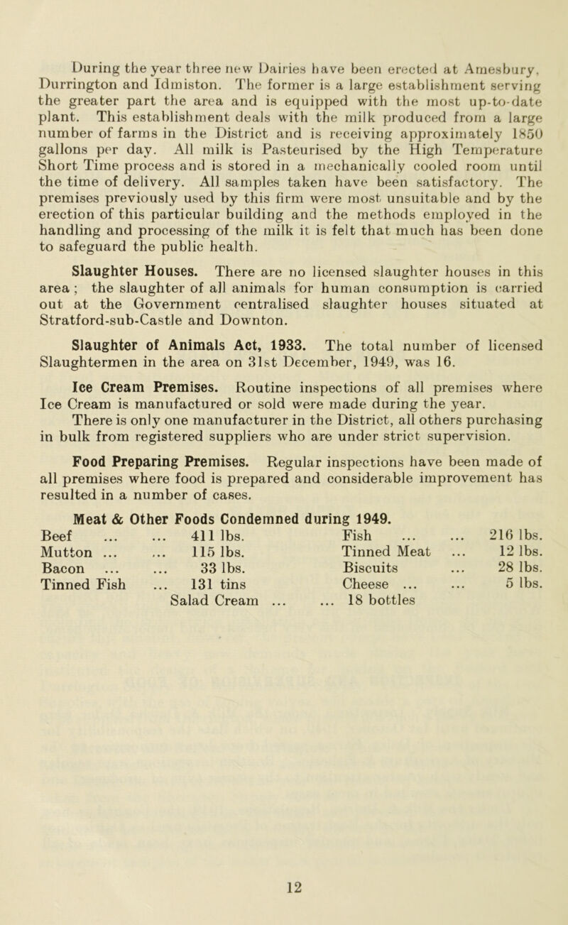 During the year three new Dairies have been erected at Arnesbury, Durrington and Idrniston. The former is a large establishment serving the greater part the area and is equipped with the most up-to-date plant. This establishment deals with the milk produced from a large number of farms in the District and is receiving approximately 1850 gallons per day. All milk is Pasteurised by the High Temperature Short Time process and is stored in a mechanically cooled room until the time of delivery. All samples taken have been satisfactory. The premises previously used by this firm were most unsuitable and by the erection of this particular building and the methods employed in the handling and processing of the milk it is felt that much has been done to safeguard the public health. Slaughter Houses. There are no licensed slaughter houses in this area ; the slaughter of all animals for human consumption is carried out at the Government centralised slaughter houses situated at Stratford-sub-Castle and Downton. Slaughter of Animals Act, 1933. The total number of licensed Slaughtermen in the area on 31st December, 1949, was 16. Ice Cream Premises. Routine inspections of all premises where Ice Cream is manufactured or sold were made during the year. There is only one manufacturer in the District, all others purchasing in bulk from registered suppliers who are under strict supervision. Food Preparing Premises. Regular inspections have been made of all premises where food is prepared and considerable improvement has resulted in a number of cases. Meat & Other Foods Condemned during 1949. Beef Mutton ... Bacon Tinned Fish 411 lbs. 115 lbs. 33 lbs. 131 tins Salad Cream Fish Tinned Meat Biscuits Cheese ... ... 18 bottles 216 lbs. 12 lbs. 28 lbs. 5 lbs.