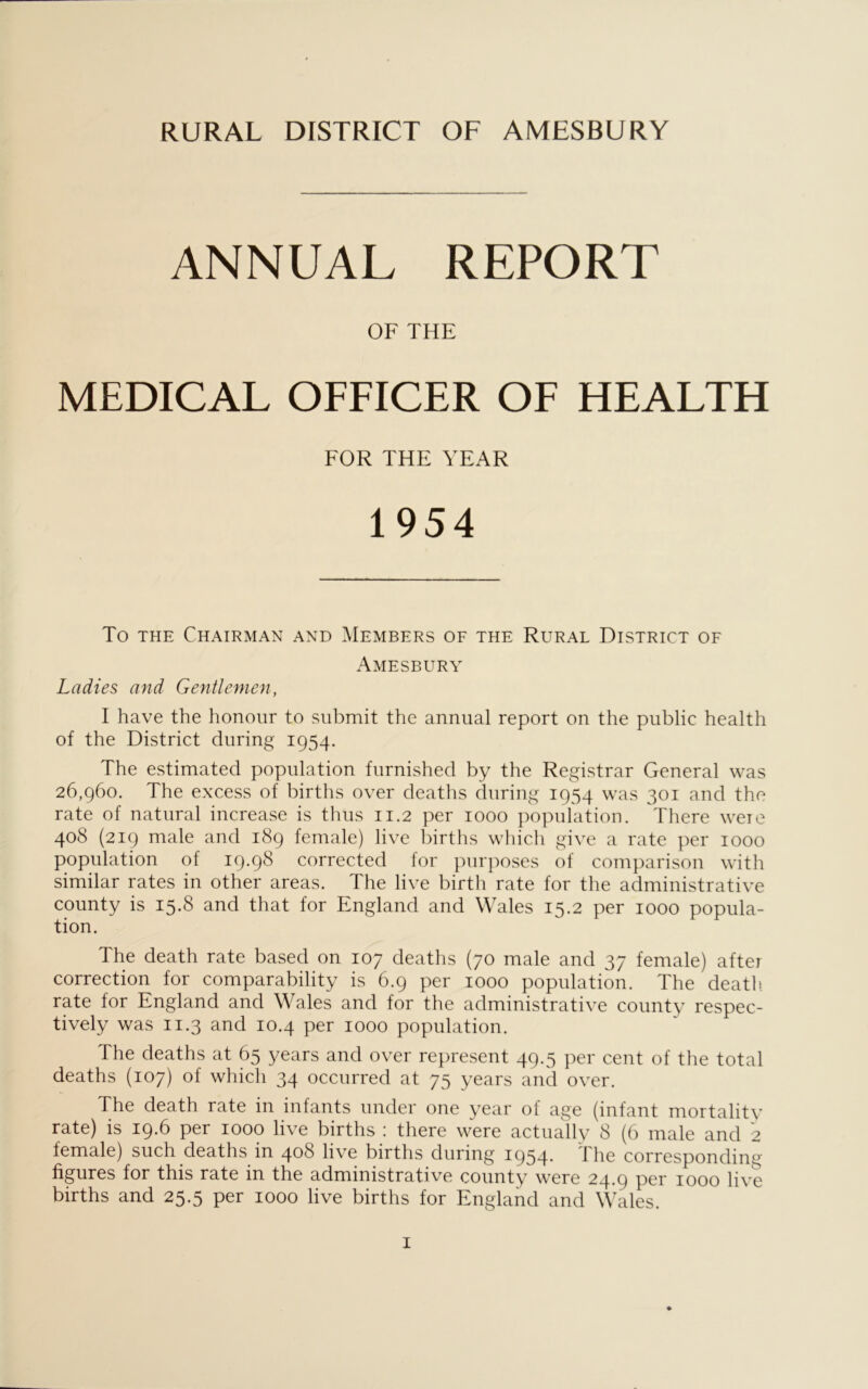 ANNUAL REPORT OF THE MEDICAL OFFICER OF HEALTH FOR THE YEAR 1954 To the Chairman and Members of the Rural District of Amesbury Ladies and Gentlemen, I have the honour to submit the annual report on the public health of the District during 1954. The estimated population furnished by the Registrar General was 26,960. The excess of births over deaths during 1954 was 301 and the rate of natural increase is thus 11.2 per 1000 population. There were 408 (219 male and 189 female) live births which give a rate per 1000 population of 19.98 corrected for purposes of comparison with similar rates in other areas. The live birth rate for the administrative county is 15.8 and that for England and Wales 15.2 per 1000 popula- tion. The death rate based on 107 deaths (70 male and 37 female) after correction for comparability is 6.9 per 1000 population. The death, rate for England and Wales and for the administrative county respec- tively was 11.3 and 10.4 per 1000 population. The deaths at 65 years and over represent 49.5 per cent of the total deaths (107) of which 34 occurred at 75 years and over. The death rate in infants under one year of age (infant mortality rate) is 19.6 per 1000 live births : there were actually 8 (6 male and 2 female) such deaths in 408 live births during 1954. The corresponding figures for this rate in the administrative county were 24.9 per 1000 live births and 25.5 per 1000 live births for England and Wales.