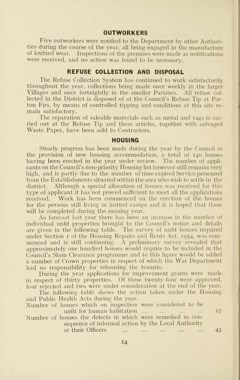 OUTWORKERS Five outworkers were notified to the Department by other Authori- ties during the course of the year, all being engaged in the manufacture of knitted wear. Inspections of the premises were made as notifications were received, and no action was found to be necessary. REFUSE COLLECTION AND DISPOSAL The Refuse Collection System has continued to work satisfactorily throughout the year, collections being made once weekly in the larger Villages and once fortnightly in the smaller Parishes. All refuse col- lected in the District is disposed of at the Council’s Refuse Tip at Por- ton Firs, by means of controlled tipping and conditions at this site re- main satisfactory. The separation of saleable materials such as metal and rags is car- ried out at the Refuse Tip and these articles, together with salvaged Waste Paper, have been sold to Contractors. HOUSING Steady progress has been made during the year by the Council in the provision of new housing accommodation, a total of 140 houses having been erected in the year under review. The number of appli- cants on the Council’s non-priority Housing list however still remains very high, and is partly due to the number of time expired Service personnel from the Establishments situated within the area who wish to settle in the district. Although a special allocation of houses was received for this type of applicant it has not proved sufficient to meet all the applications received. Work has been commenced on the erection of the houses for the persons still living in hutted camps and it is hoped that these will be completed during the ensuing year. As forecast last year there has been an increase in the number of individual unfit properties brought to the Council’s notice and details are given in the following table. The survey of unfit houses required under Section 1 of the Housing Repairs and Rents Act, 1954, was com- menced and is still continuing. A preliminary survey revealed that approximately one hundred houses would require to be included in the Council’s Slum Clearance programme and to this figure would be added a number of Crown properties in respect of which the War Department had no responsibility for rehousing the tenants. During the year applications for improvement grants were made in respect of thirty properties. Of these twenty-four were approved, four rejected and two were under consideration at the end of the year. The following table shows the action taken under the Housing and Public Health Acts during the year. Number of houses which on inspection were considered to be unfit for human habitation .... .... .... .... 17 Number of houses the defects in which were remedied in con- sequence of informal action by the Local Authority or their Officers .... .... .... .... .... 43