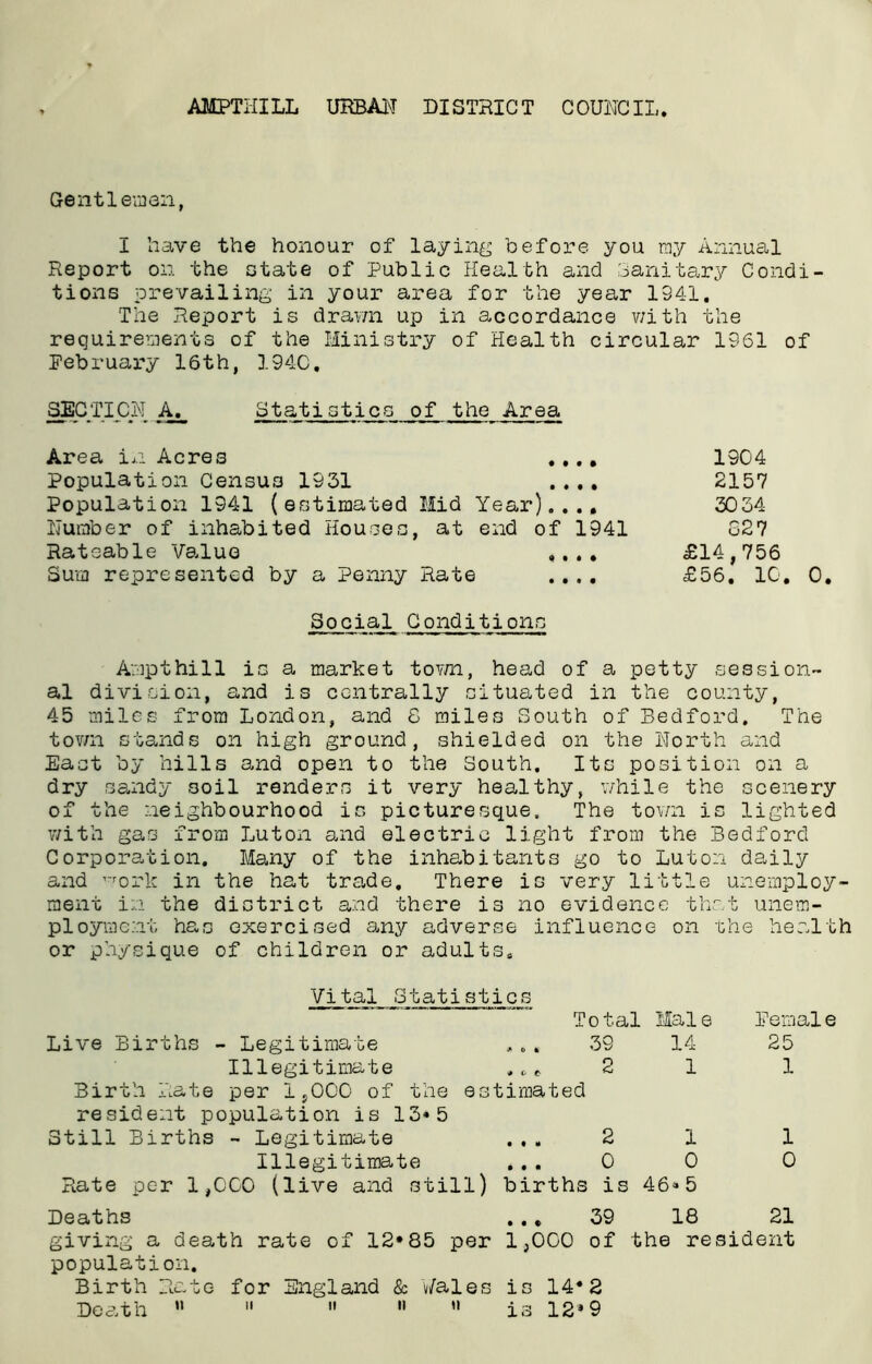 Gentlemen, I have the honour of laying before you ray Annual Report on the state of Public Health and Sanitary Condi- tions prevailing in your area for the year 1341. The Report is drawn up in accordance v/ith the requirements of the Ministry of Health circular 1961 of February 16th, 1940, SECTION Statistics of the Area Area in Acres .... Population Census 1931 .... Population 1941 (estimated Mid Year).... Number of inhabited Houses, at end of 1941 Rateable Value .... Sum represented by a Penny Rate .... 1904 2157 30 34 627 £14,756 £56, 10, 0. Social Conditions Arapthill is a market town, head of a petty session- al division, and is centrally situated in the county, 45 miles from London, and 8 miles South of Bedford. The town stands on high ground, shielded on the North and East by hills and open to the South. Its position on a dry sandy soil renders it very healthy, while the scenery of the neighbourhood is picturesque. The town is lighted with gas from Luton and electric light from the Bedford Corporation. Many of the inhabitants go to Luton daily and work in the hat trade. There is very little unemploy- ment in the district and there is no evidence that unem- ployment has exercised any adverse influence on the health or physique of children or adults. Vital Statistics Total Male Live Births - Legitimate ... 39 14 Illegitimate ,ce 2 1 Birth Late per 1,000 of the estimated resident population is 13*5 Still Births - Legitimate ... 2 1 Illegitimate ... 0 0 Rate per 1,000 (live and still) births is 46*5 Bernal e 25 1 1 0 Deaths ... 39 18 21 giving a death rate of 12*85 per 1,000 of the resident population. Birth Rate for England & Wales is 14*2 Death  11  11  is 12*9