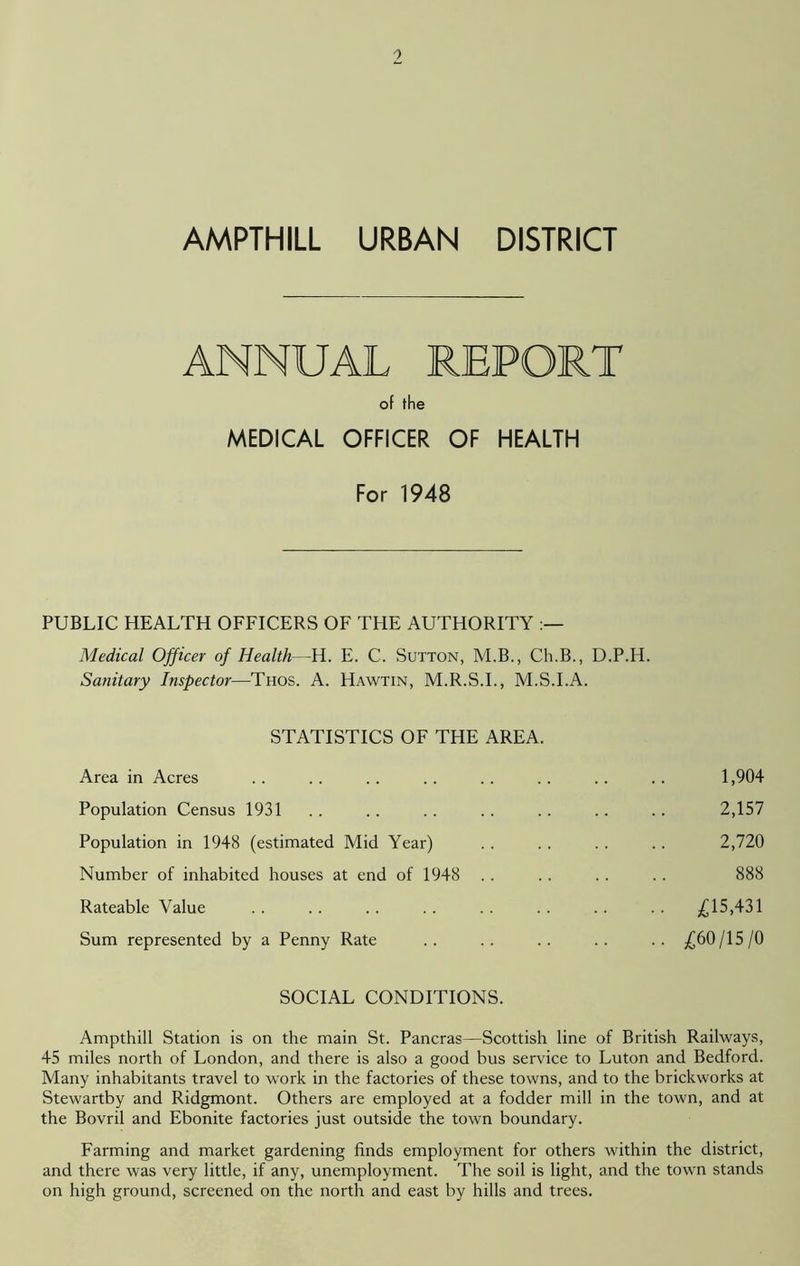 AMPTHILL URBAN DISTRICT ANNUAL REPORT of the MEDICAL OFFICER OF HEALTH For 1948 PUBLIC HEALTH OFFICERS OF THE AUTHORITY Medical Officer of Health—H. E. C. Sutton, M.B., Ch.B., D.P.H. Sanitary Inspector—Thos. A. Hawtin, M.R.S.I., M.S.I.A. STATISTICS OF THE AREA. Area in Acres . . . . . . . . . . . . .. . . 1,904 Population Census 1931 .. .. .. .. .. .. .. 2,157 Population in 1948 (estimated Mid Year) .. .. . . .. 2,720 Number of inhabited houses at end of 1948 .. .. .. .. 888 Rateable Value .. .. .. .. .. .. .. .. £15,431 Sum represented by a Penny Rate .. .. .. .. .. £60/15/0 SOCIAL CONDITIONS. Ampthill Station is on the main St. Pancras—Scottish line of British Railways, 45 miles north of London, and there is also a good bus service to Luton and Bedford. Many inhabitants travel to work in the factories of these towns, and to the brickworks at Stewartby and Ridgmont. Others are employed at a fodder mill in the town, and at the Bovril and Ebonite factories just outside the town boundary. Farming and market gardening finds employment for others within the district, and there was very little, if any, unemployment. The soil is light, and the town stands on high ground, screened on the north and east by hills and trees.