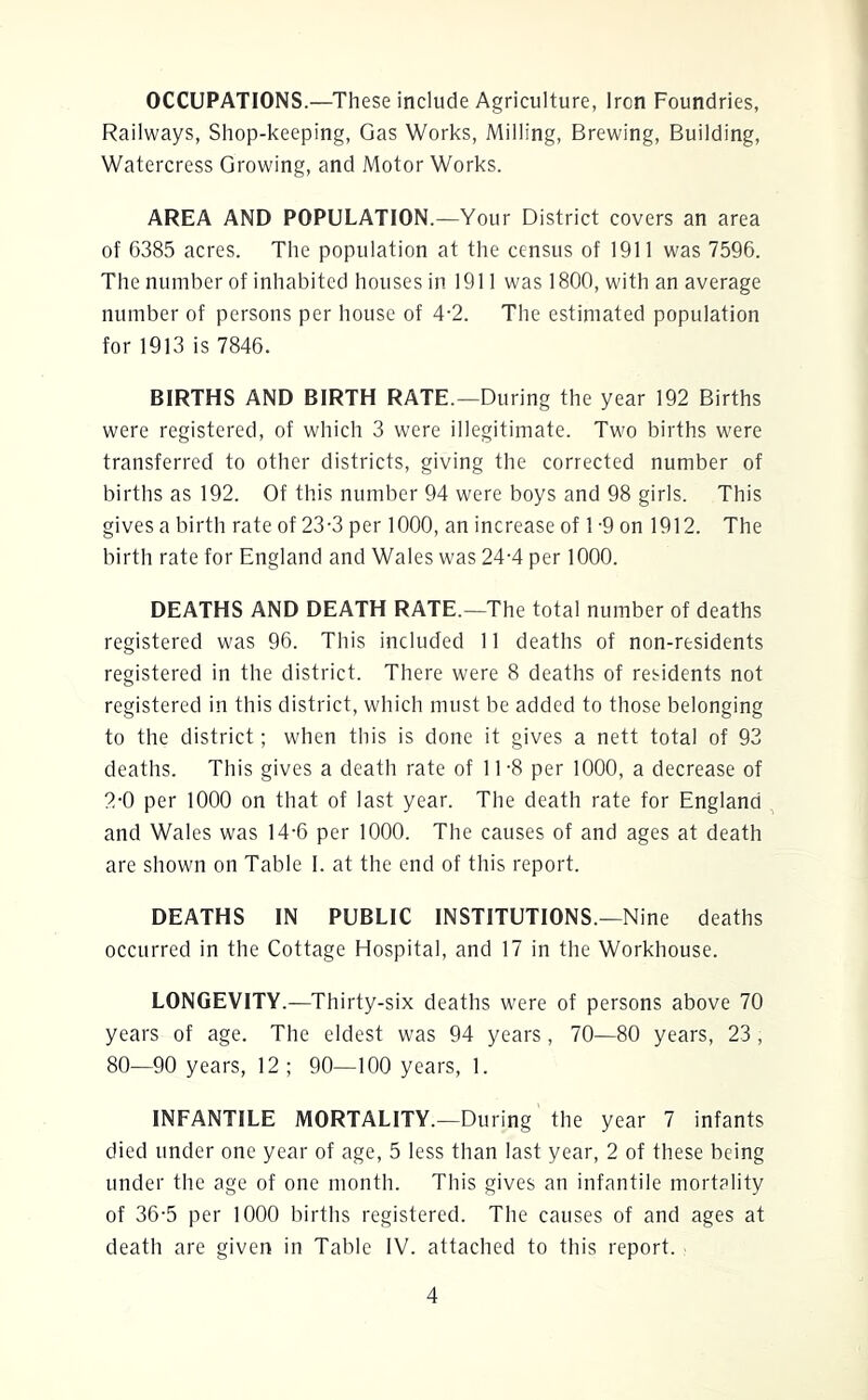 OCCUPATIONS.—These include Agriculture, Iren Foundries, Railways, Shop-keeping, Gas Works, Milling, Brewing, Building, Watercress Growing, and Motor Works. AREA AND POPULATION.—Your District covers an area of 6385 acres. The population at the census of 1911 was 7596. The number of inhabited houses in 1911 was 1800, with an average number of persons per house of 4-2. The estimated population for 1913 is 7846. BIRTHS AND BIRTH RATE.—During the year 192 Births were registered, of which 3 were illegitimate. Two births were transferred to other districts, giving the corrected number of births as 192. Of this number 94 were boys and 98 girls. This gives a birth rate of 23-3 per 1000, an increase of 1 -9 on 1912. The birth rate for England and Wales was 24-4 per 1000. DEATHS AND DEATH RATE.—The total number of deaths registered was 96. This included 11 deaths of non-residents registered in the district. There were 8 deaths of residents not registered in this district, which must be added to those belonging to the district; when this is done it gives a nett total of 93 deaths. This gives a death rate of 11-8 per 1000, a decrease of 2-0 per 1000 on that of last year. The death rate for England and Wales was 14-6 per 1000. The causes of and ages at death are shown on Table 1. at the end of this report. DEATHS IN PUBLIC INSTITUTIONS.—Nine deaths occurred in the Cottage Hospital, and 17 in the Workhouse. LONGEVITY.—Thirty-six deaths were of persons above 70 years of age. The eldest was 94 years, 70—80 years, 23, 80—90 years, 12 ; 90—100 years, 1. INFANTILE MORTALITY.—During the year 7 infants died under one year of age, 5 less than last year, 2 of these being under the age of one month. This gives an infantile mortality of 36-5 per 1000 births registered. The causes of and ages at death are given in Table IV. attached to this report.