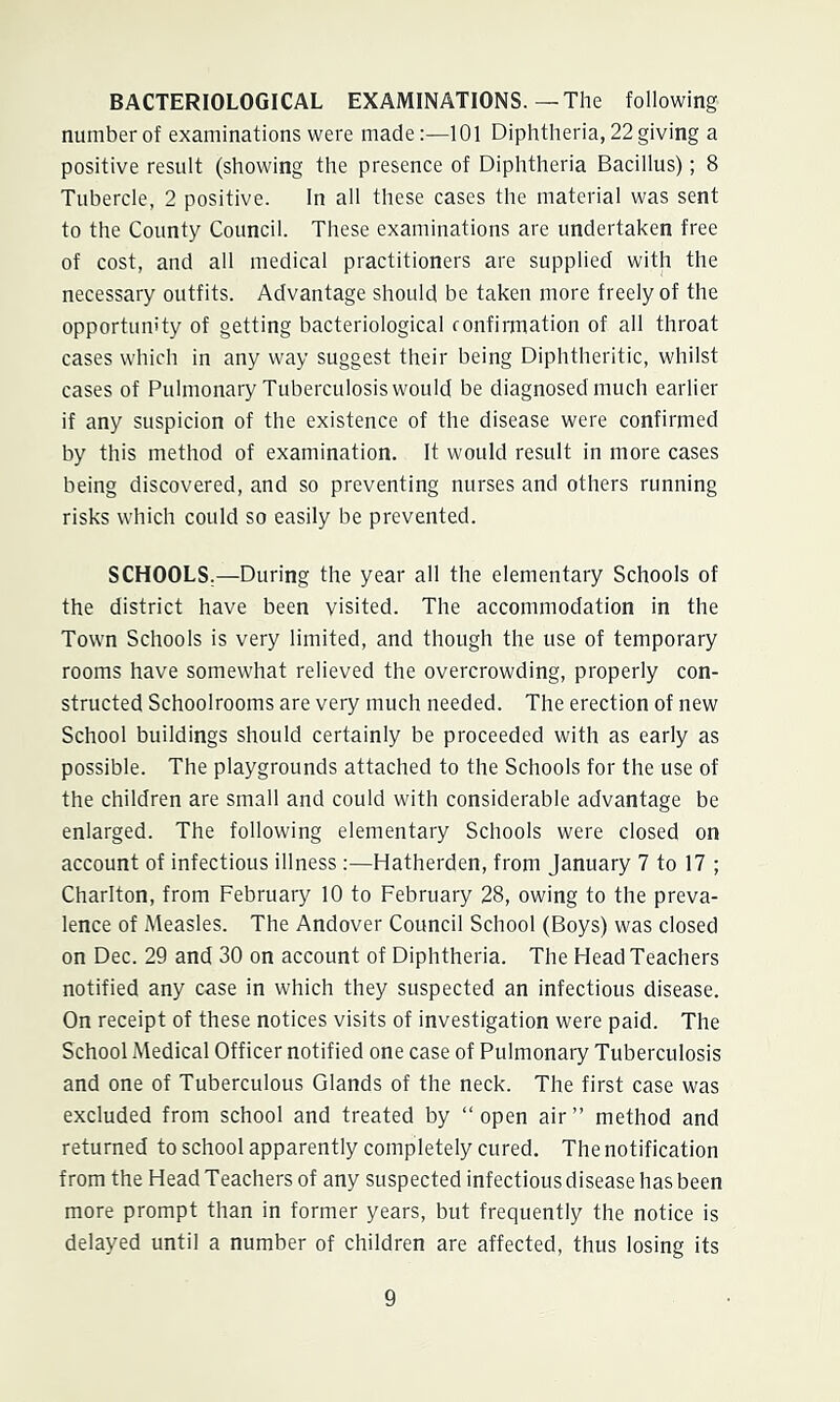 BACTERIOLOGICAL EXAMINATIONS.—The following number of examinations were made:—101 Diphtheria, 22 giving a positive result (showing the presence of Diphtheria Bacillus); 8 Tubercle, 2 positive. In all these cases the material was sent to the County Council. These examinations are undertaken free of cost, and all medical practitioners are supplied with the necessary outfits. Advantage should be taken more freely of the opportunity of getting bacteriological confirmation of all throat cases which in any way suggest their being Diphtheritic, whilst cases of Pulmonary Tuberculosis would be diagnosed much earlier if any suspicion of the existence of the disease were confirmed by this method of examination. It would result in more cases being discovered, and so preventing nurses and others running risks which could so easily be prevented. SCHOOLS.—During the year all the elementary Schools of the district have been visited. The accommodation in the Town Schools is very limited, and though the use of temporary rooms have somewhat relieved the overcrowding, properly con- structed Schoolrooms are very much needed. The erection of new School buildings should certainly be proceeded with as early as possible. The playgrounds attached to the Schools for the use of the children are small and could with considerable advantage be enlarged. The following elementary Schools were closed on account of infectious illness ;—Hatherden, from January 7 to 17 ; Charlton, from February 10 to February 28, owing to the preva- lence of Measles. The Andover Council School (Boys) was closed on Dec. 29 and 30 on account of Diphtheria. The Head Teachers notified any case in which they suspected an infectious disease. On receipt of these notices visits of investigation were paid. The School Medical Officer notified one case of Pulmonary Tuberculosis and one of Tuberculous Glands of the neck. The first case was excluded from school and treated by “open air” method and returned to school apparently completely cured. The notification from the Head Teachers of any suspected infectious disease has been more prompt than in former years, but frequently the notice is delayed until a number of children are affected, thus losing its