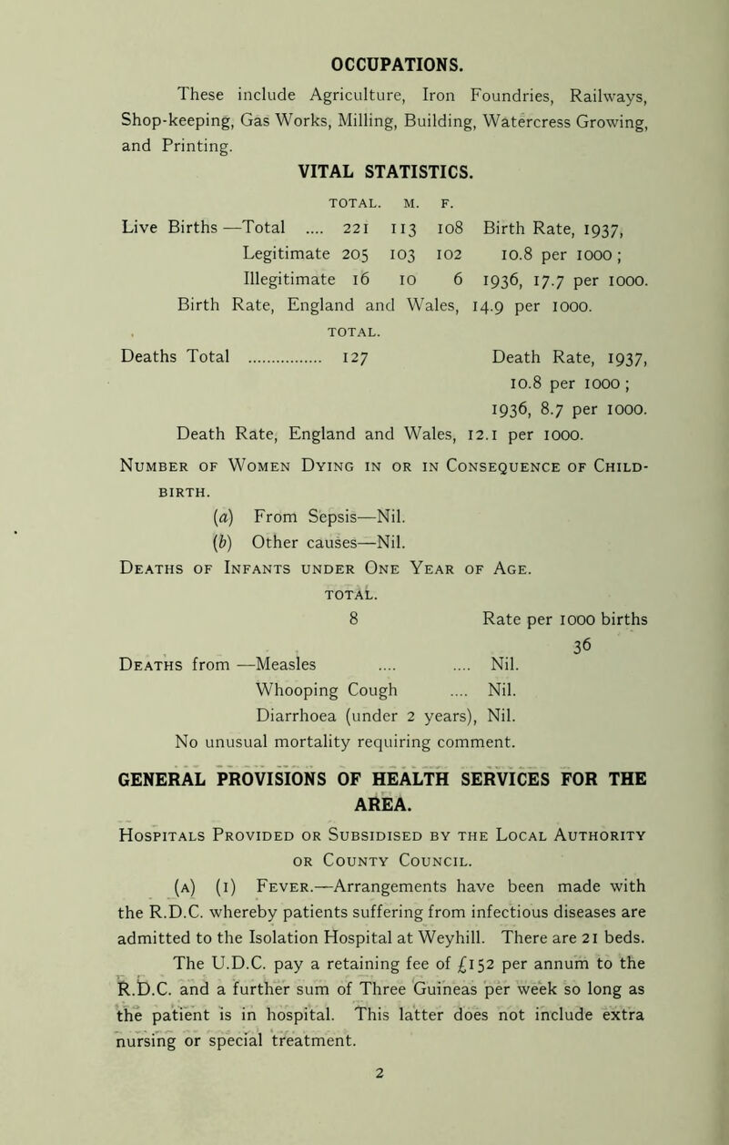 OCCUPATIONS. These include Agriculture, Iron Foundries, Railways, Shop-keeping, Gas Works, Milling, Building, Watercress Growing, and Printing. VITAL STATISTICS. TOTAL. M. F. Live Births —Total .... 221 113 108 Birth Rate, 1937, Legitimate 205 103 102 10.8 per 1000; Illegitimate 16 10 6 1936, 17.7 per IOOO. Birth Rate, England and Wales, 14.9 per IOOO. TOTAL. Deaths Total 127 Death Rate, 1937, 10.8 per IOOO ; 1936, 8.7 per IOOO. Death Rate, England and Wales, 12.1 per 1000. Number of Women Dying in or in Consequence of Child- birth. [a) From Sepsis—Nil. (ib) Other causes—Nil. Deaths of Infants under One Year of Age. total. 8 Rate per IOOO births 36 Deaths from —Measles .... .... Nil. Whooping Cough .... Nil. Diarrhoea (under 2 years), Nil. No unusual mortality requiring comment. GENERAL PROVISIONS OF HEALTH SERVICES FOR THE AREA. Hospitals Provided or Subsidised by the Local Authority or County Council. (a) (i) Fever.—Arrangements have been made with the R.D.C. whereby patients suffering from infectious diseases are admitted to the Isolation Hospital at Weyhill. There are 21 beds. The U.D.C. pay a retaining fee of £152 per annum to the R.D.C. and a further sum of Three Guineas per week so long as the patient is in hospital. This latter does not include extra nursing or special treatment.