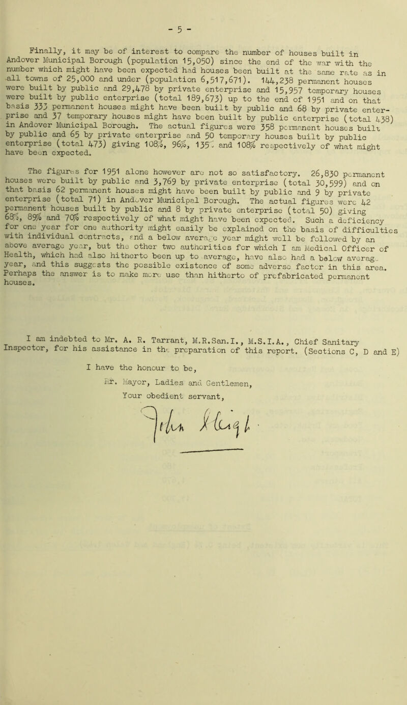 Finally, it may Ids of interest to compare the number of houses built in Andover Municipal Borough (population 15,050) since the end of the war with the number which might have been expected had houses been built at the same rate as in all towns of 25,000 and under (population 6,517,671). 144,258 permanent houses were built by public end 29,478 by private enterprise and 15,957 temporary houses were built by public enterprise (total 189,673) up to the end of 1951 and on that basis 333 permanent houses might have been built by public and 68 by private enter- prise and 37 temporary houses might have been built by public enterprise (total 438) in Andover Municipal Borough. The actual figures were 358 permanent houses built by public and 65 by private enterprise and 50 temporary houses built by public enterprise (total 473) giving 108;o, 96/0, 135'6 and 108^ respectively of what might have be^n expected. The figures for 1951 alone however are not so satisfactory. 26,830 permanent houses were built by public and 3,769 by private enterprise (total 30,599) and on that basis 62 permanent houses might have been built by public and 9 by private enterprise (total 71) in Andover Municipal Borough. The actual figures were 42 permanent houses built by public and 8 by private enterprise (total 50) giving 68^i, 89?b and 7C$ respectively of what might have been expected. Such a deficiency for one year for one authority might easily be explained on the basis of difficulties with individual contracts, and a below average year might well be followed by an above average year, but the other two authorities for which I am Medical Officer of Health, which had also hitherto been up to average, have also had a belov/ averag. year, and this suggests the possible existence of some adverse factor in this area. Perhaps the answer is to make more use than hitherto of prefabricated permanent houses. I am indebted to Mr, A. R. Tarrant, M.R.San.I., M.S.I.A., Chief Sanitary Inspector, for his assistance in the preparation of this report. (Sections C, D and E) I have the honour to be, Mi. Mayor, Ladies and Gentlemen, Your obedient servant,