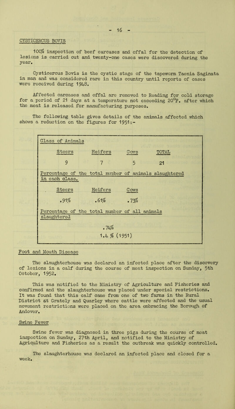 CYSTICERCUS BOVIS 10C$ inspection of beef carcases and offal for the detection of lesions is carried out and twenty-one cases were discovered during the year. Cysticercus Bovis is the cystic stage of the tapeworm Taenia Saginata in man and was considered rare in this country until reports of cases were received during 1948. Affected carcases and offal are removed to Reading for cold storage for a period of 21 days at a temperature not exceeding 20^. after which the meat is released for manufacturing purposes. The following table gives details of the animals affected which shows a reduction on the figures for 1951:- Class of Animals Steers Heifers Cows TOTAL 9 7 5 21 Percentage of the total number of animals slaughtered in each class. Steers Heifers Cows .91$ . 61$ .1% Percentage of the total number of all animals slaughtered .74$ 1.4 $ (1951) Foot and Mouth Disease The slaughterhouse was declared an infected place after the discovery of lesions in a calf during the course of meat inspection on Sunday, 5th October, 1952. This was notified to the Ministry of Agriculture and Fisheries and confirmed and the slaughterhouse was placed under special restrictions. It was found that this calf came from one of two farms in the Rural District at Grately and Quarley where cattle were affected and the usual movement restrictions were placed on the area embracing the Borough of Andover. Swine Fever Swine fever was diagnosed in three pigs during the course of meat inspection on Sunday, 27th April, and notified to the Ministry of Agriculture and Fisheries as a result the outbreak was quickly controlled. The slaughterhouse was declared an infected place and closed for a week,
