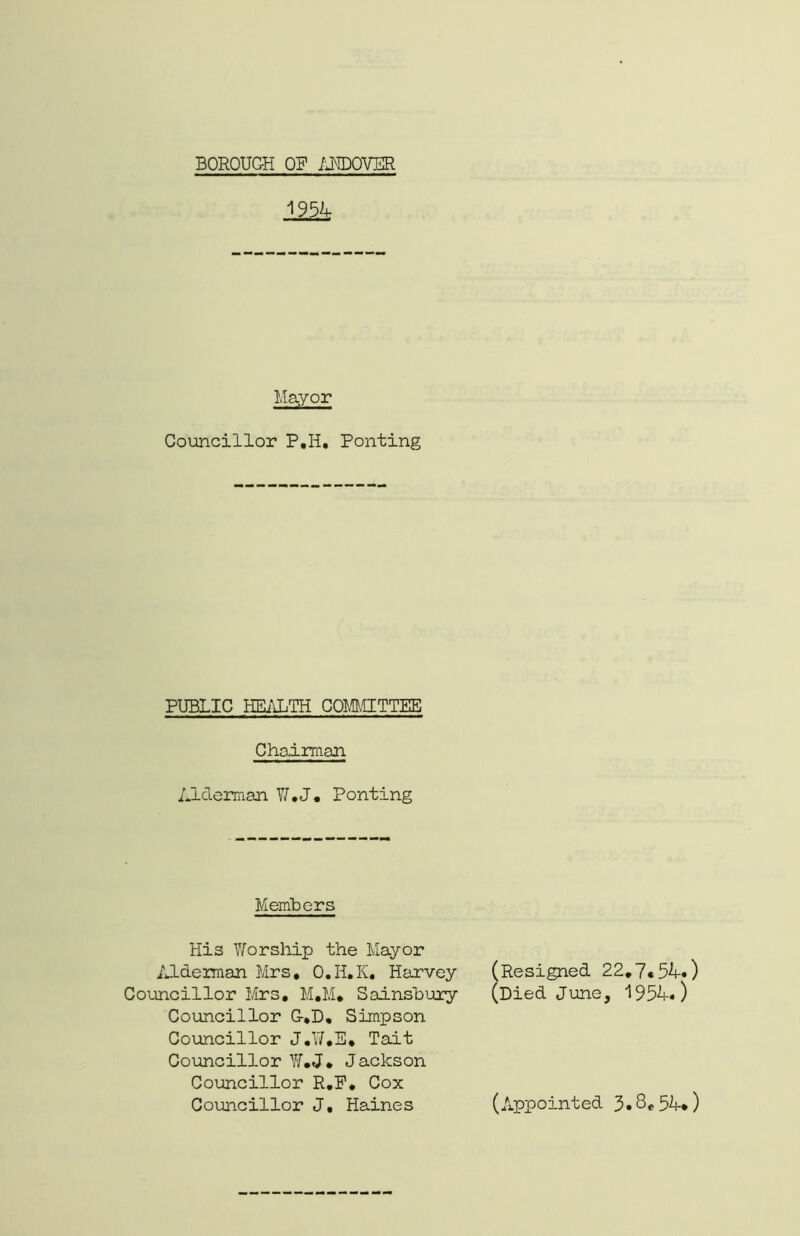 BOROUGH OF ANDOVER 1954- Mayor Councillor P,H. Ponting PUBLIC HEALTH COMMITTEE Chairman Alderman W.J. Ponting Members His Worship the Mayor Alderman Mrs* O.II.K, Harvey (Resigned 22.7«54-«) Councillor Mrs. M.M. Sainsbury (Died June, 1954«) Councillor G.D, Simpson Councillor J.W.E. Tait Councillor W.J• Jackson Councillor R.F. Cox Councillor J, Haines (Appointed 3.8,54.)